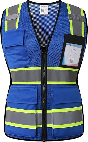 Chalecos de seguridad de malla azul reflectante de alta visibilidad con 8 bolsillos y cremallera frontal, chaleco de seguridad de alta visibilidad