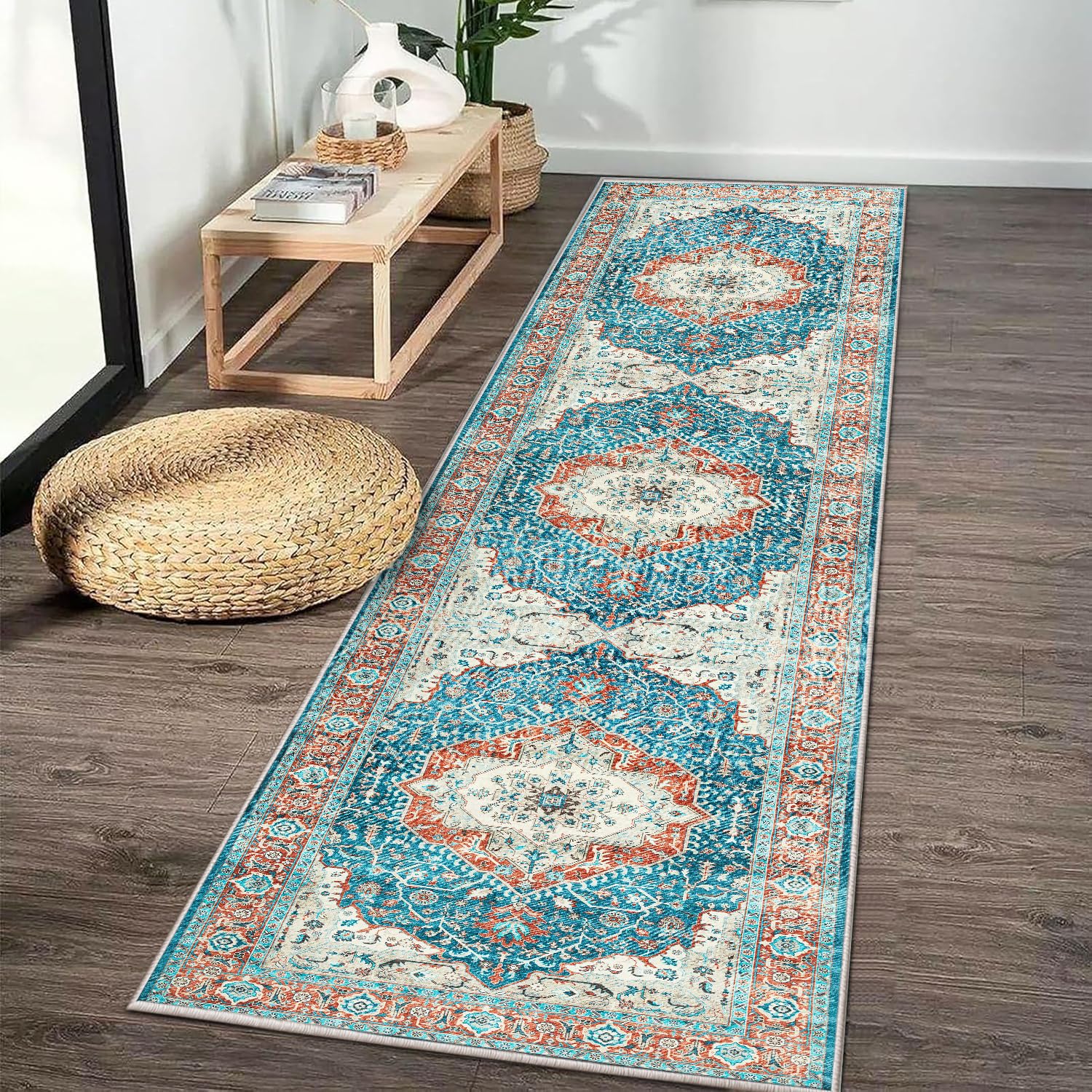 Imperial Rooms Machine Washable Hallway Runner Orange Teal Rug 60x220 cm Soft Touch Premium Quality Rugs for Living Room, Non Slip Carpet Runners for Bedroom, Dining Room Kids Room, Regal