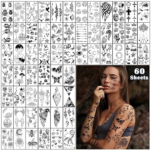 SOOVSY 60 Sheets Tiny Temporary Tattoo for Women Butterfly Spider Bird Temp Tattoos Fake Tattoos That Look Real and Last Long Small 3D Tattoo Stickers Waterproof Semi Permanent Tattoo for Kids - Black-01