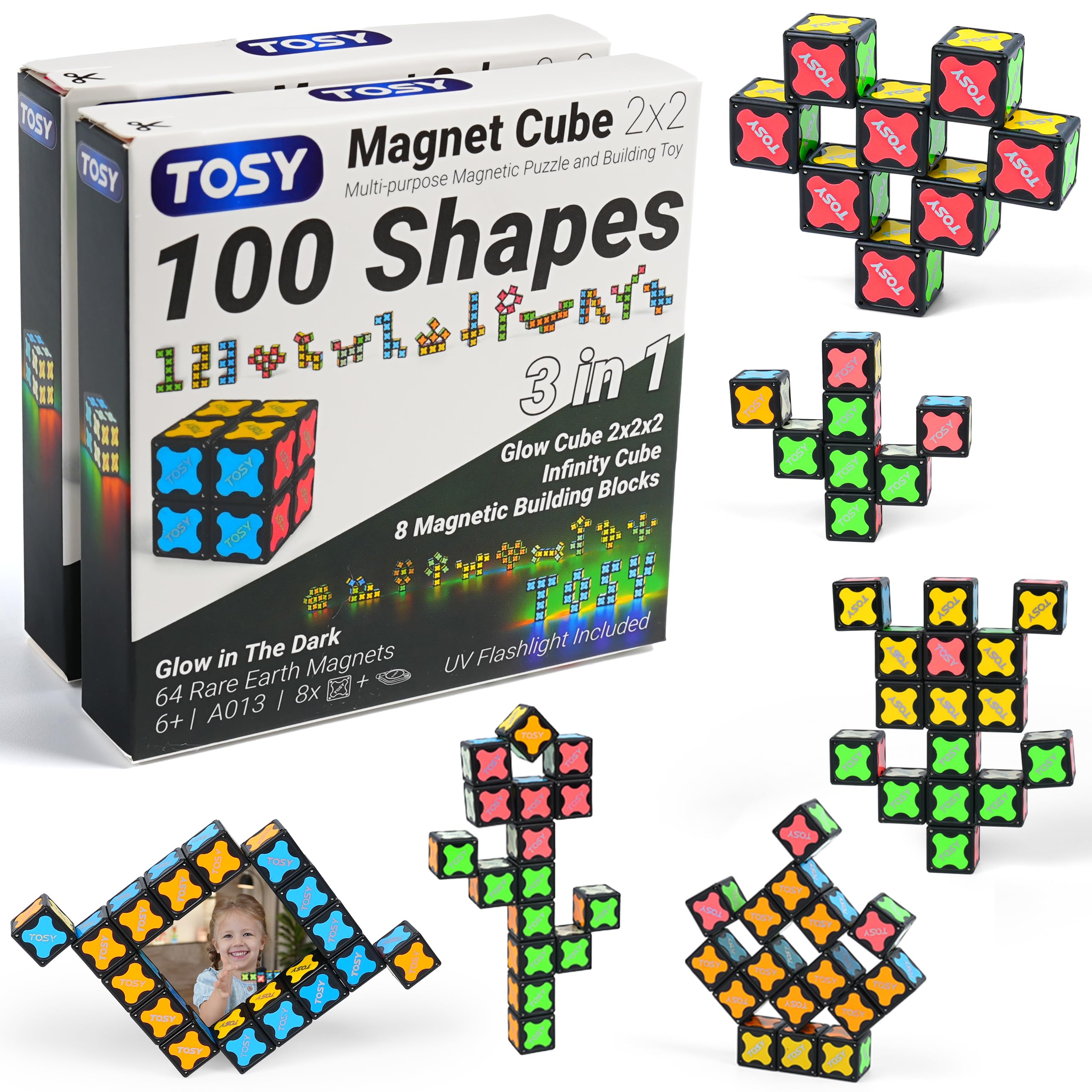 TOSY Magnet Cube 2x2 - 8 Blocks, 2in1 Toy: 2x2x2 Puzzle Cube and Customizable Infinity Cube, Glowing w/ UV Flashlight, Christmas Stocking Stuffers