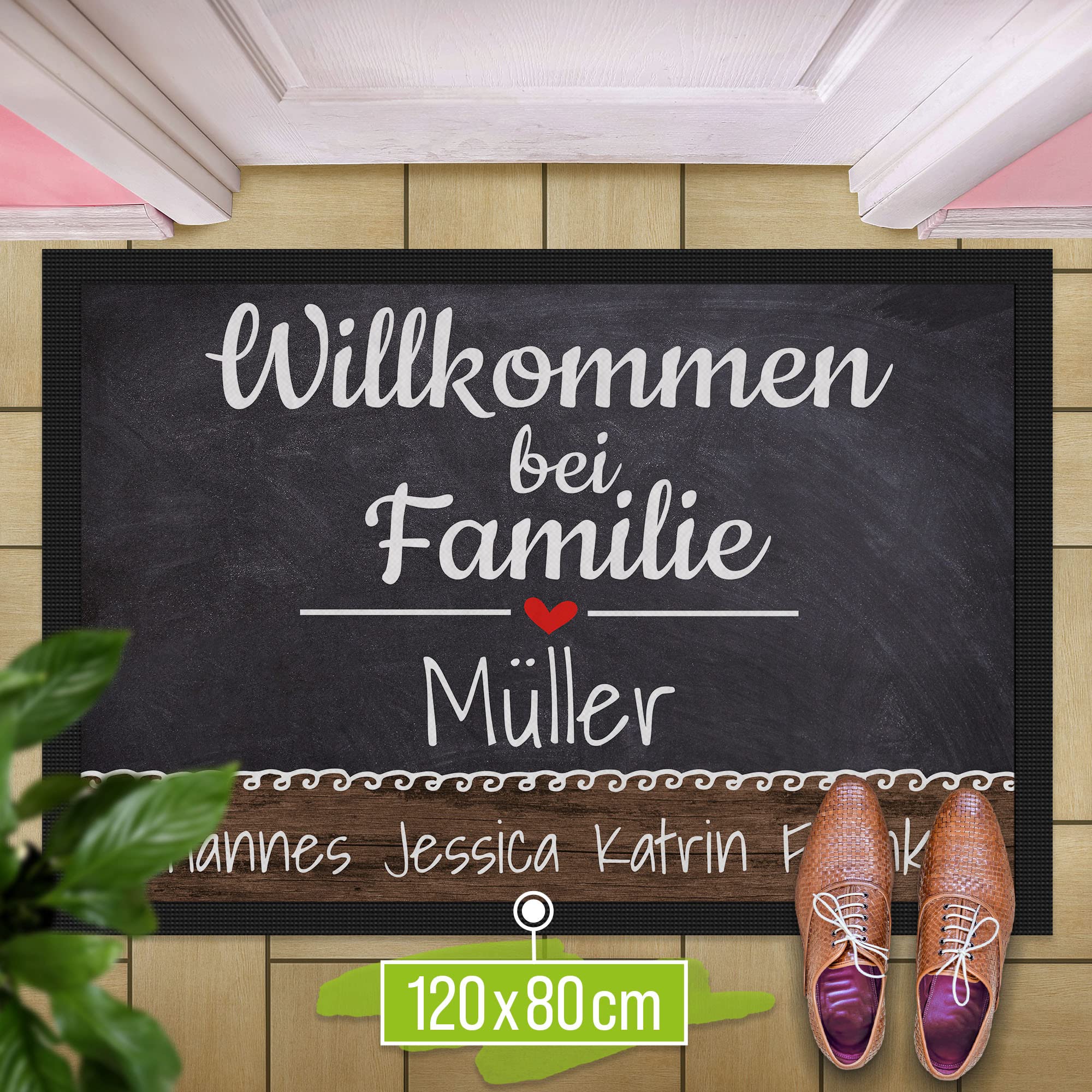 Print Royal Personalisierte Fußmatte mit Namen & Wunschtext - Willkommen bei Familie - Geschenke zum Einzug | rutschfest, 120x80cm mit Gummirand
