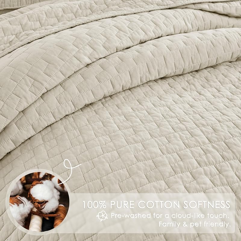 palassio Beige 100% Cotton Quilt Queen Size Bedding Sets with 2 Pillow Shams, Textured Lightweight Soft Bedspread Shabby Chic Coverlet, Neutral Quilted Comforter Bed Cover for All Season, 3 Pieces image 5