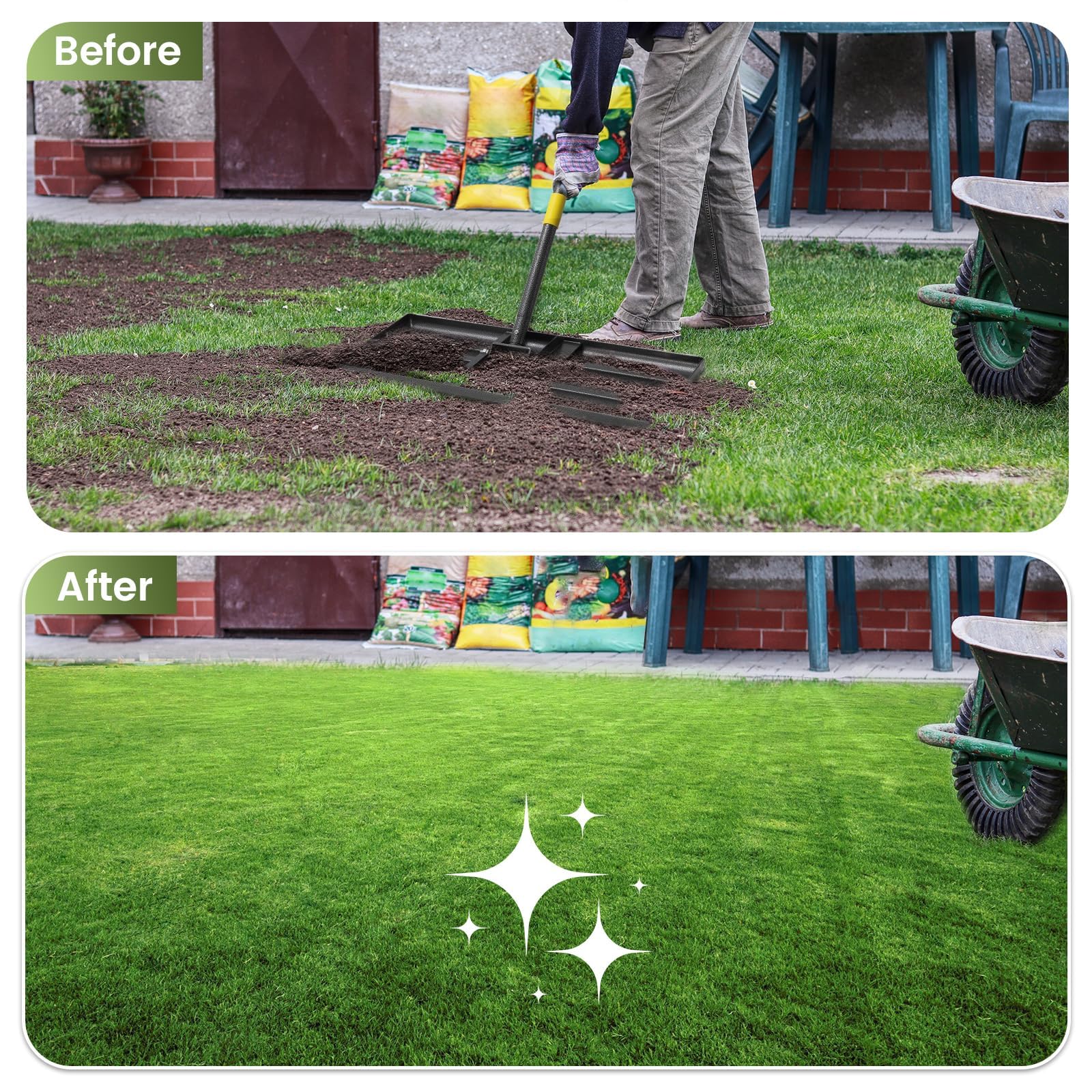 Rastrillo de césped grande de 183 cm, rastrillo de nivelación de césped de metal resistente con cabeza de 76 cm, rastrillo de jardín para nivelar el suelo, esparcir compost, eliminar escombros