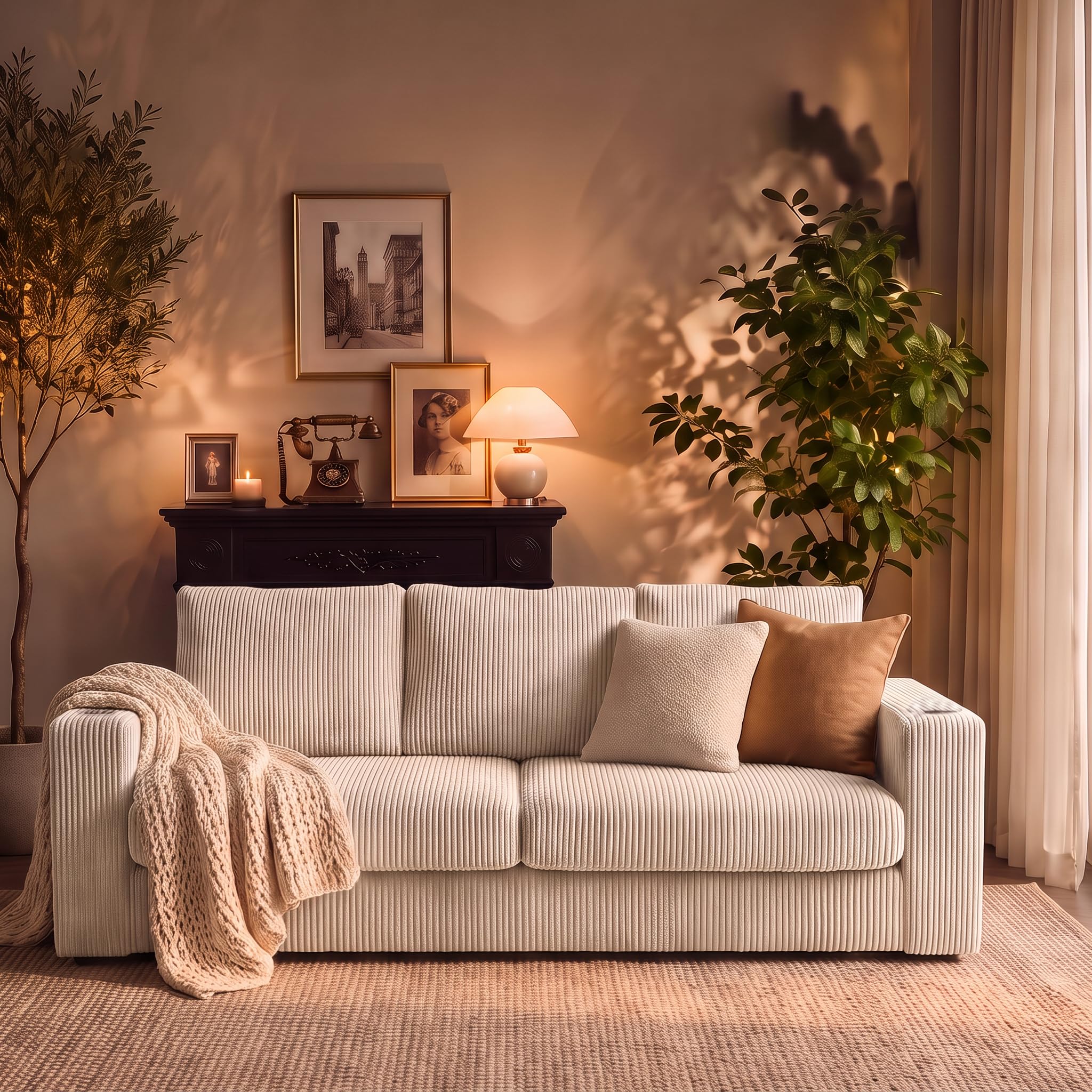 DreamCloud 90" 3 Seater Sofa for Living Room | Extra Wide Seats 4 | Plush Corduroy Upholstery | High-Elasticity Sponge | Cup Holders | Washable Covers (Whipped Ivory)-image-29
