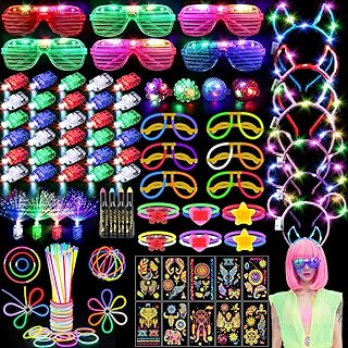 130PCS Glow in the Dark Party Supplies for Kids Adults, Light Up Party Favors with LED Glasses, Headbands, Finger Lights, Glow Sticks, Temporary Tattoos, Neon Face Body Paint for Halloween, Birthdays