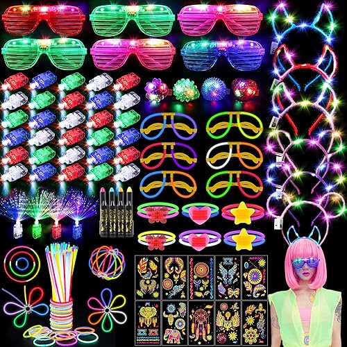 130PCS Glow in the Dark Party Supplies for Kids Adults, Light Up Party Favors with LED Glasses, Headbands, Finger Lights, Glow Sticks, Temporary Tattoos, Neon Face Body Paint for Halloween, Birthdays