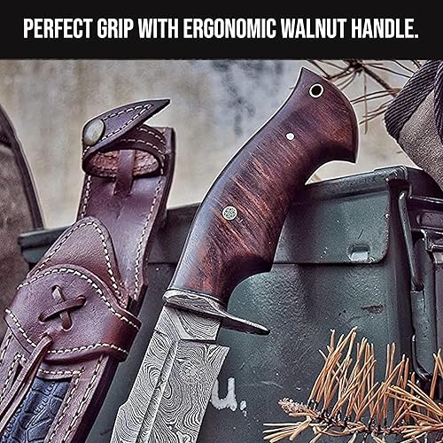 Vista 18 de BIGCAT ROAR Bear Hunter - Cuchillo de hoja fija de acero de Damasco hecho a mano de 10 pulgadas - Mango de madera de nogal y funda de cuero