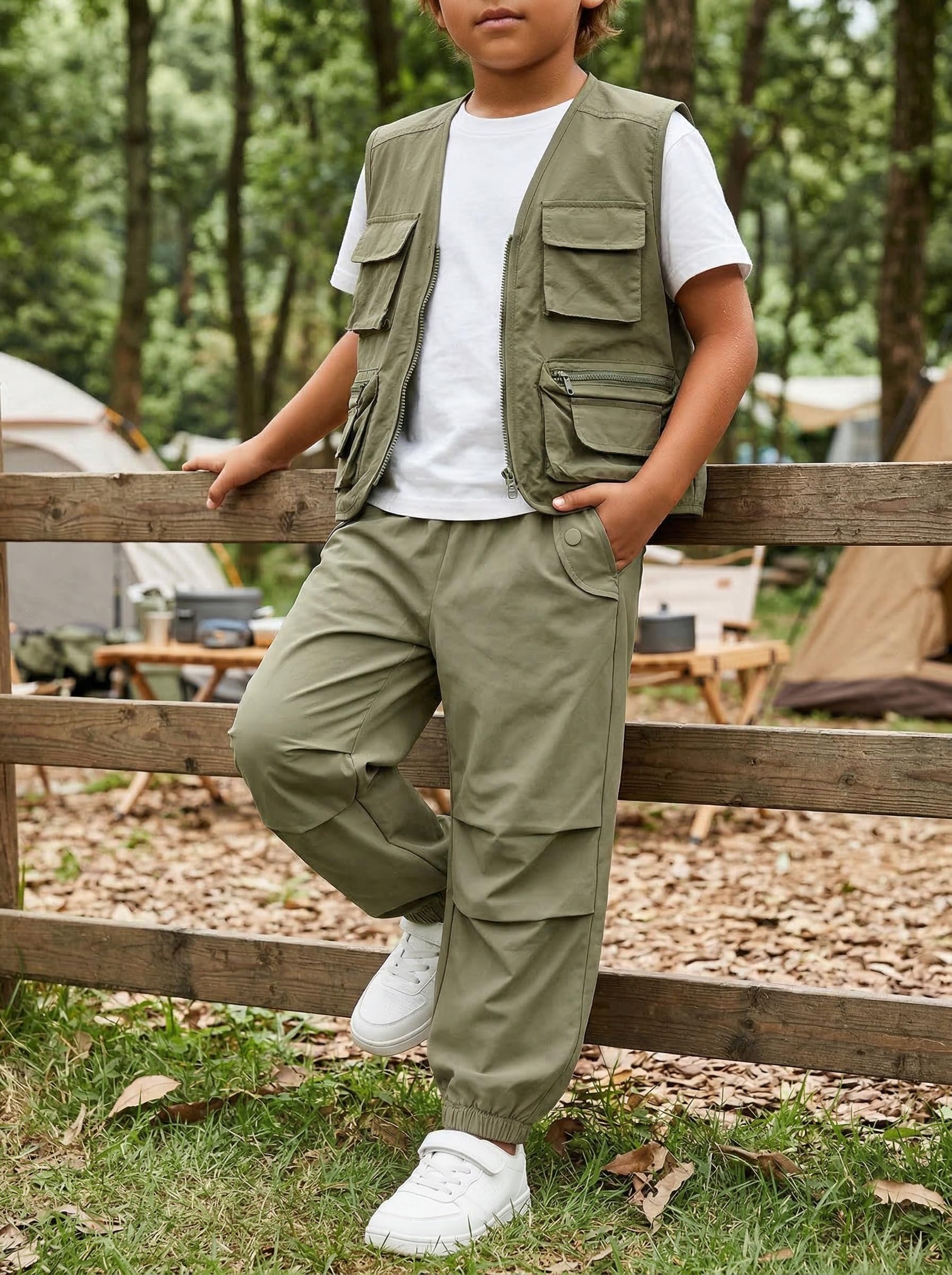 JiAmy Pantalones cargo unisex para niños, transpirables, elásticos, pantalones de paracaídas, ajustados, para niños y niñas, pantalones deportivos al aire libre con bolsillos para 5-14 años