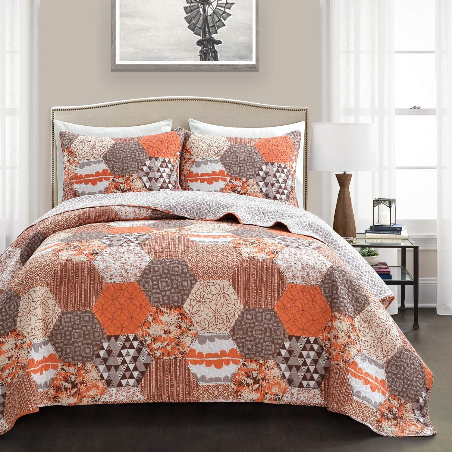 Lush Decor Briley Reversible Cotton Quilt King Size 3 Piece Set Tangerine - Quilted Bedding Set King Quilt - Patchwork Quilts - Country Cottage Decor