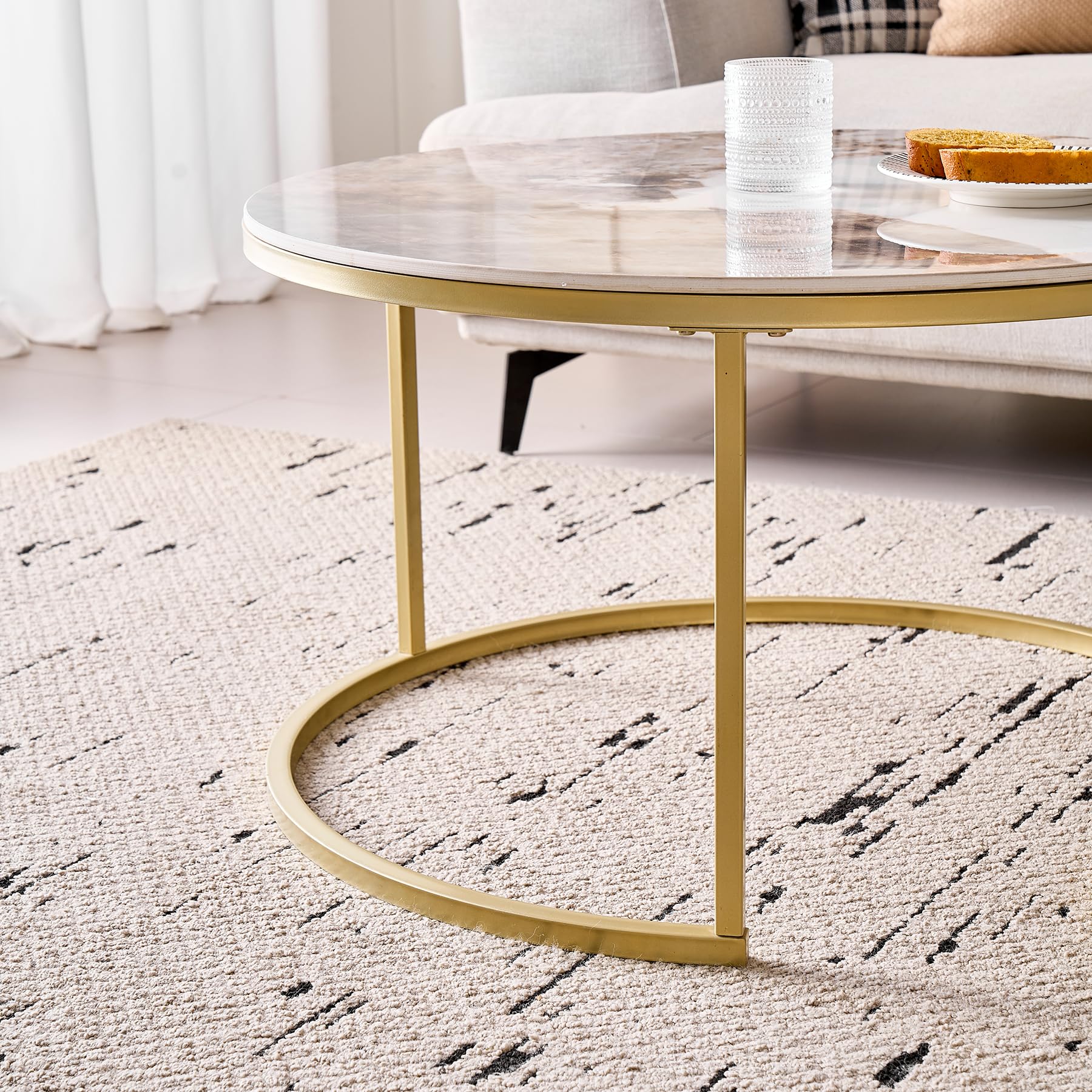 Runden Couchtisch 2er Set, Moderne Satztische mit Keramikplatte (Keine MDF-Platte), Ideal für Wohnzimmer, Schlafzimmer, Balkon und Büro (Pandora+Gold), 60+80cm