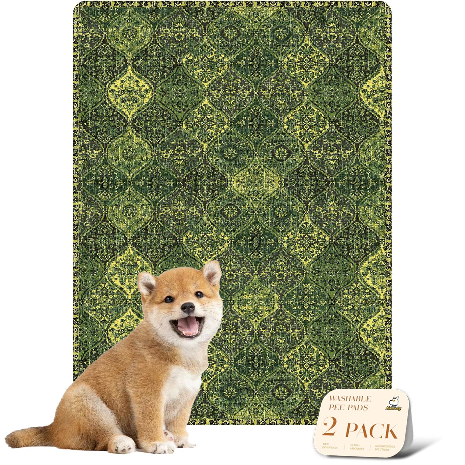 nunubaby Washable Pee Pads for Dogs, Stylish, Non-Slip and Leak-Proof Pee Pads. Reusable Potty Pads for Dogs for Crates and Floors.(Green/Multi,18" x24" )