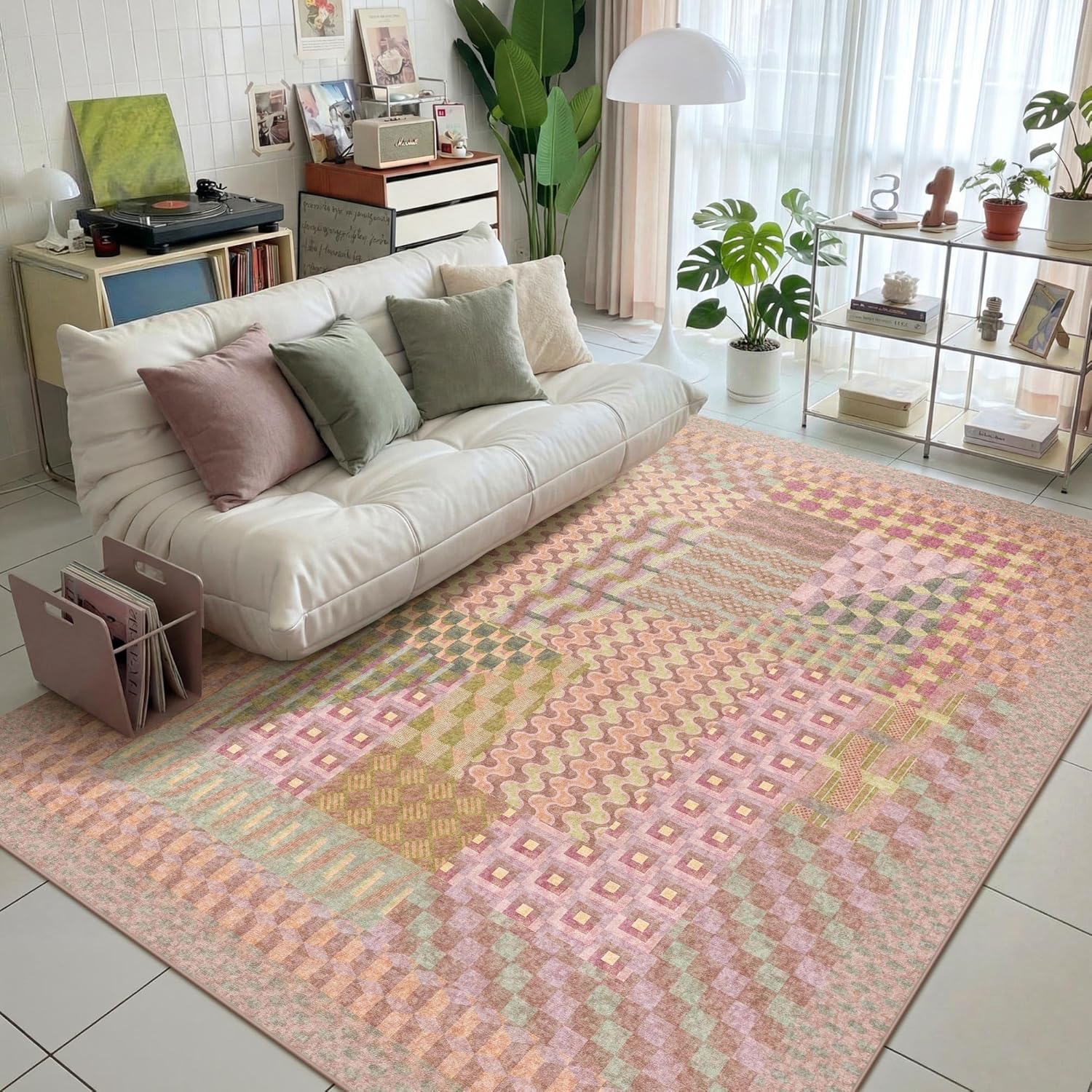 Kokia 6x9 Modern Geometric Washable Area Rug, Non-Slip Stain-Resistant Low Pile Rugs for Girls Bedroom, Living Room, Dining Room, Pink and Purple