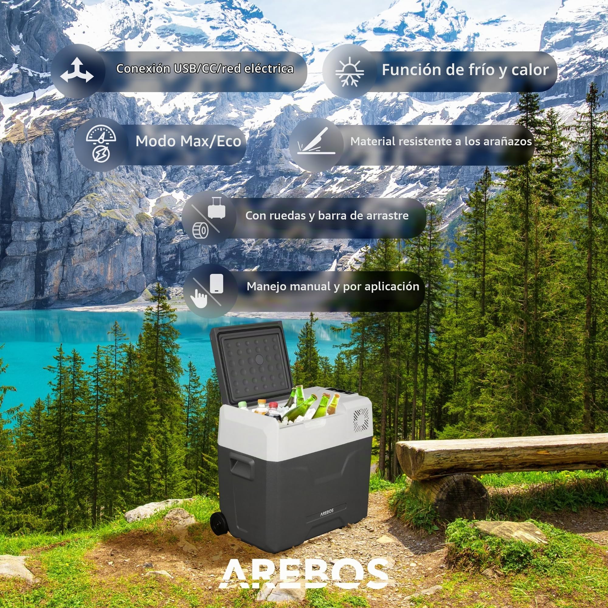 Arebos Nevera de compresor ruedas 47 litros | Congelador eléctrico con control APP para enfriar, congelar y mantener caliente | Refrigeración hasta -20 °C | Nevera para coche
