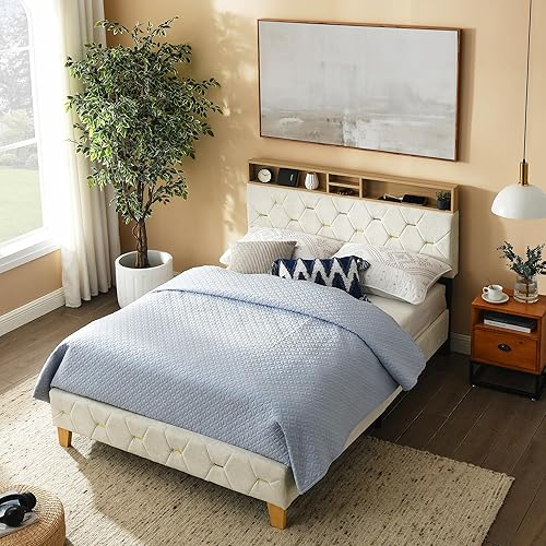 Miniatura 4 de Base de cama de tamaño matrimonial, plataforma de tela moderna con salida y puertos USB, cabecera de almacenamiento, base de colchón resistente,