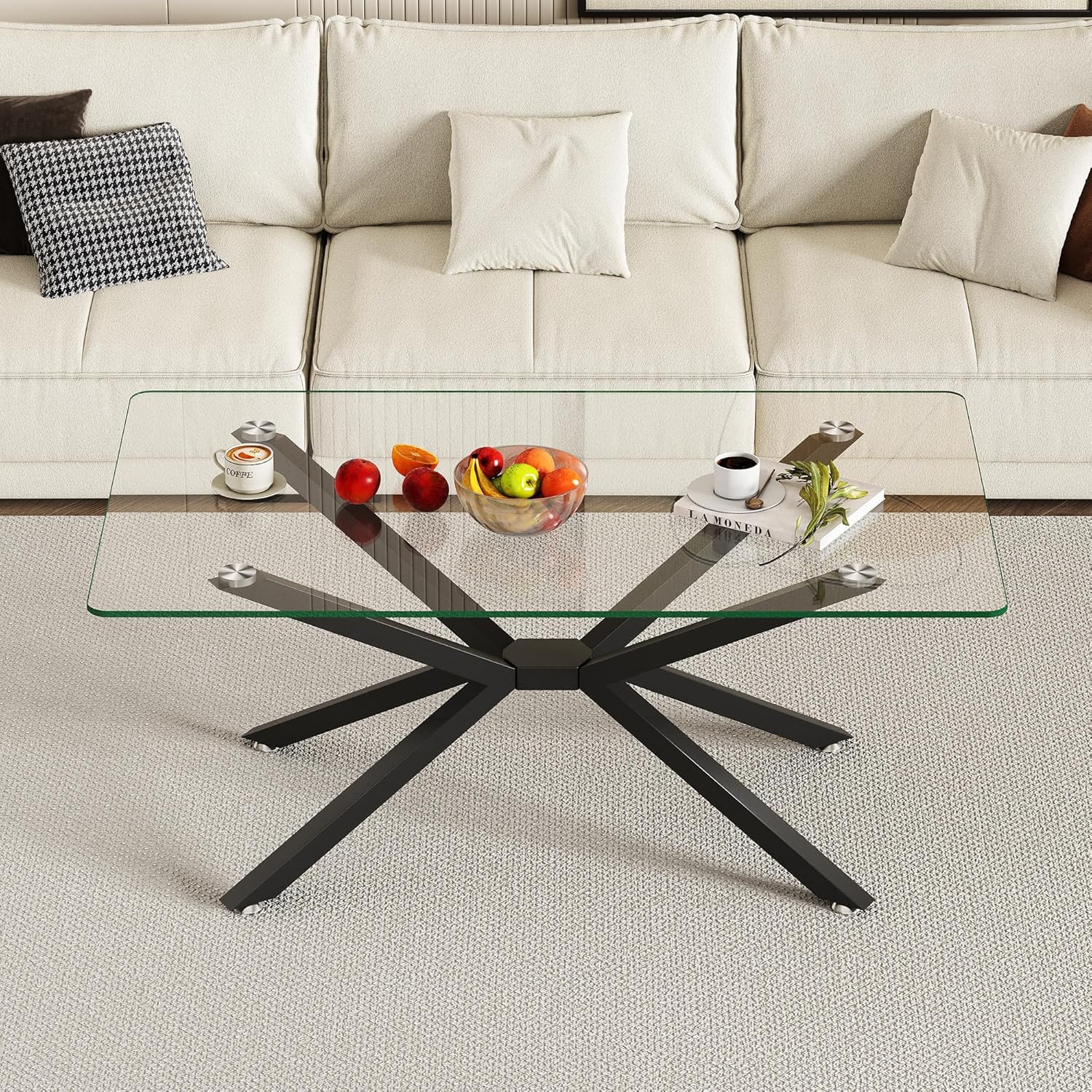 39.37" Modern Tempered Glass Coffee Table, Rectangular Coffee Table with Metal Legs, Adjustable Feet, Minimalist Center Table for Living Room, Easy to Assemble (Black)