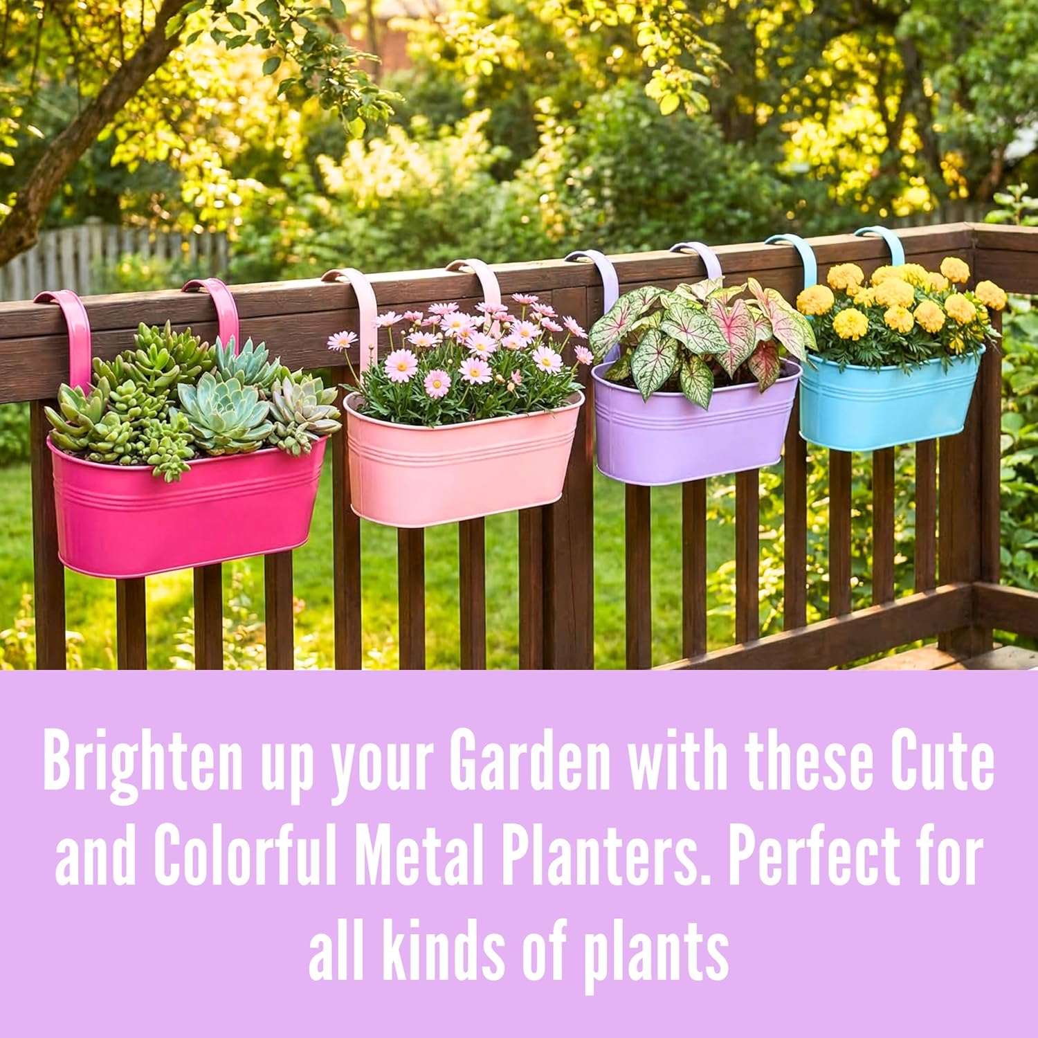 LaLaGreen Rail Planter (17 Inch, 4 Pack) Large Colorful Hanging Flower Pots Fence Railing Balcony Gardening for Apartment Patio Planters Porch Decor Garden Metal Iron Outdoor Deck Modern Decorations