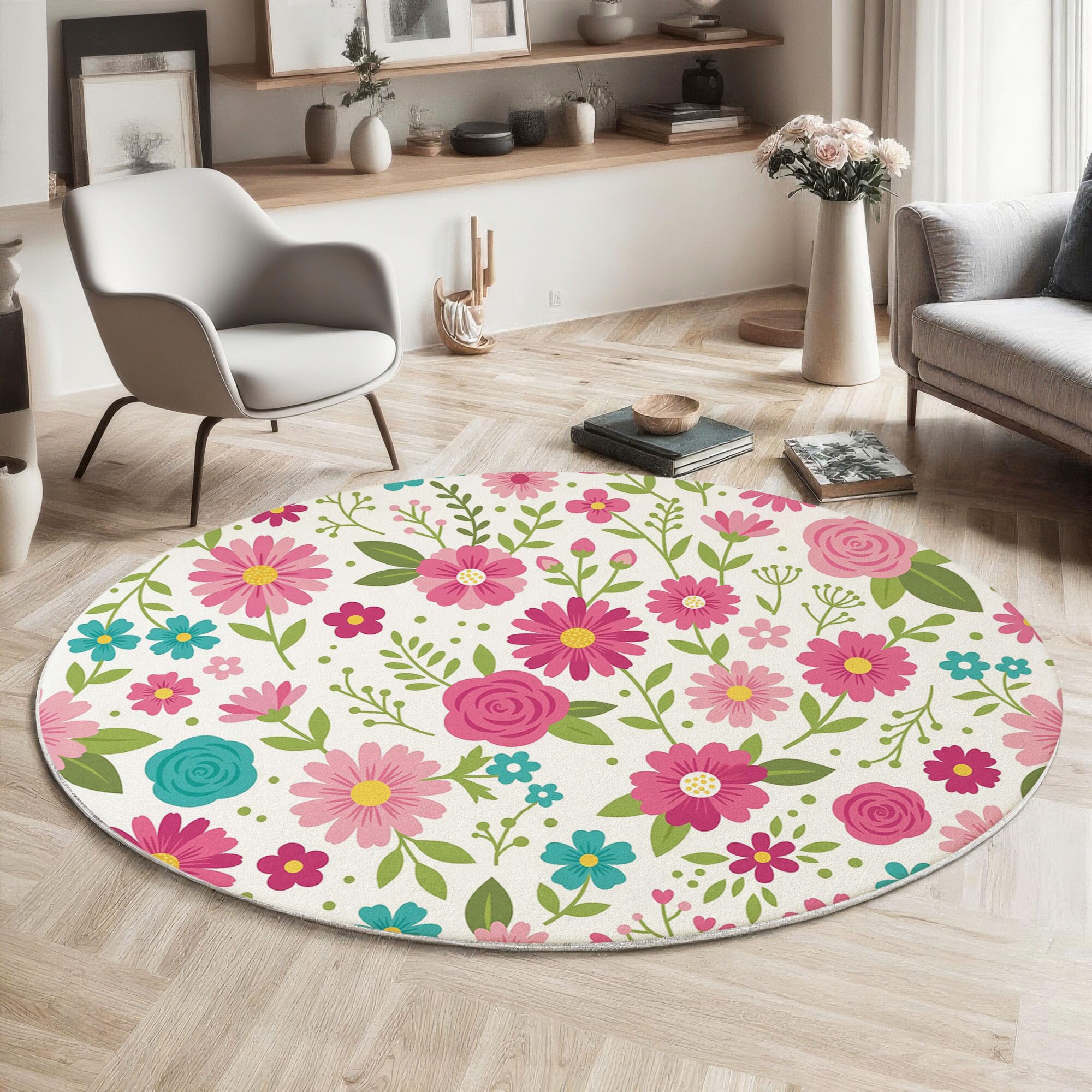 Tapis rond lavable machine 180cm antidérapant à motif fleurs de chambre