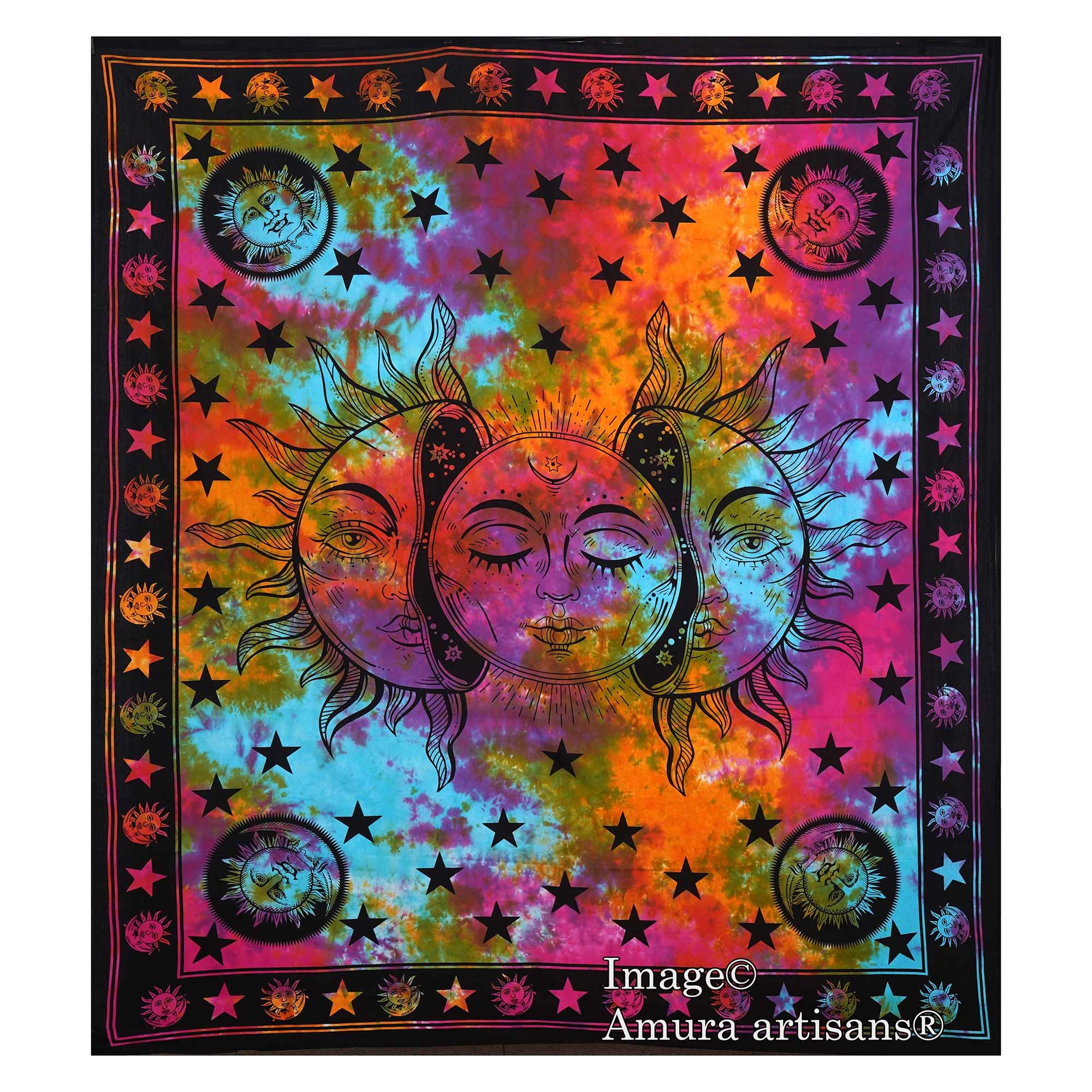 Amura artisans100% Cotton Multicolour The Sun Three Face Goodluck Psychedelic Bohemian Decorative/Tapestry/Wall Hanging (210 cms X 230 cms)