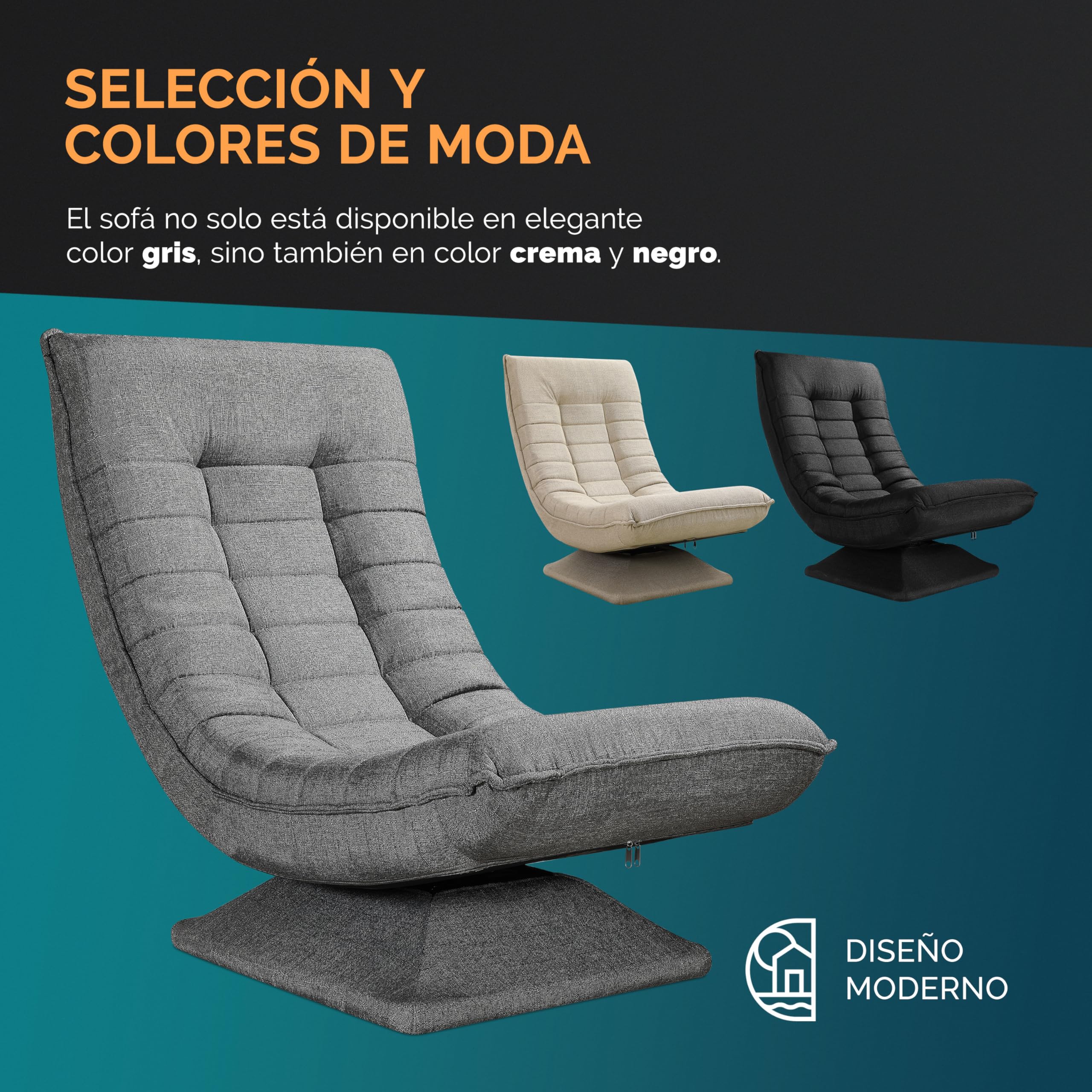 CASARIA® Sillón Relax Respaldo Ajustable 5 Posiciones Ergonómico Giratorio 360° Manual Carga 150kg Silla de Suelo Plegable Tapizado Gris 60x105x87cm