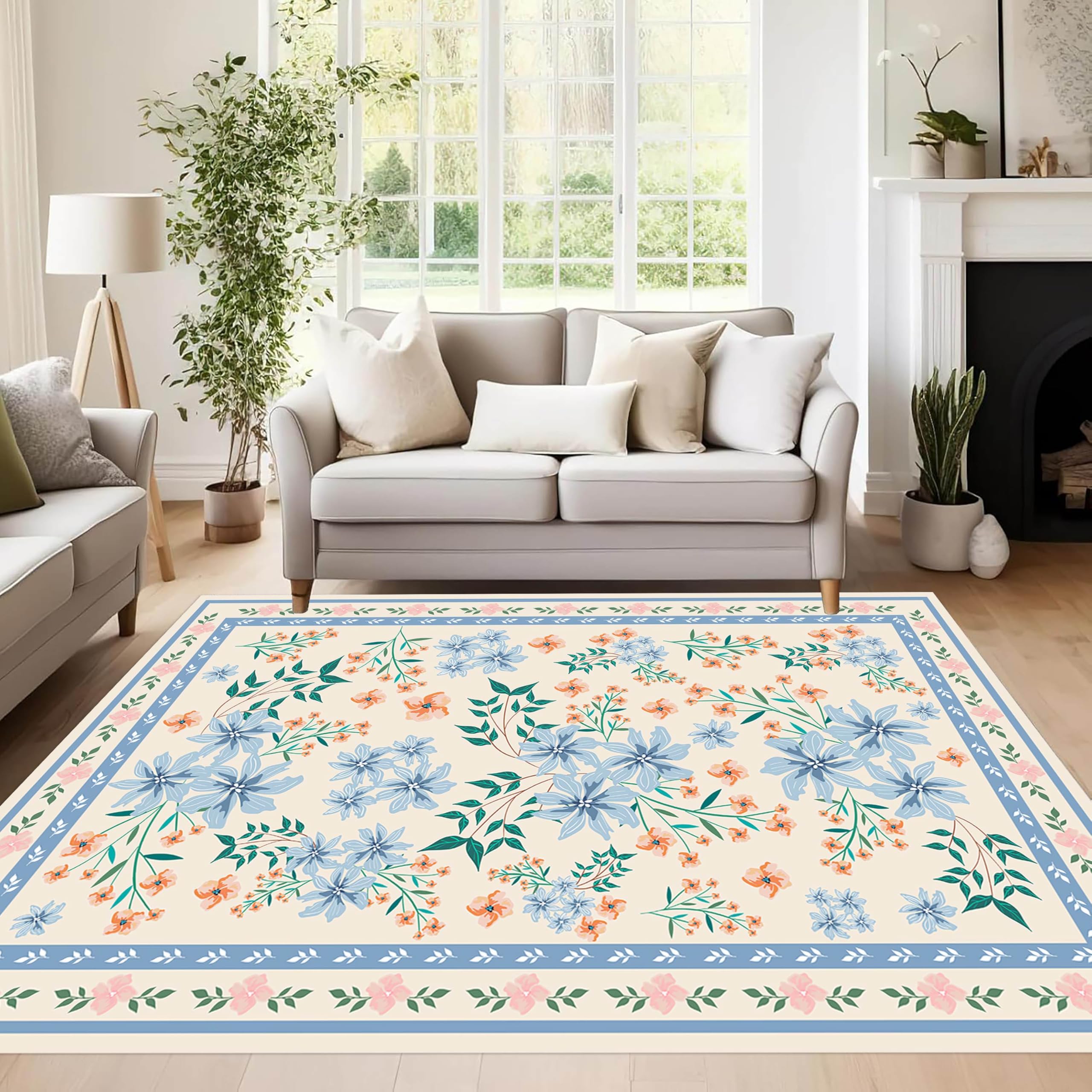 LHOMKCV Traditional Floral Area Rug, 60x90cm, Vibrant Flowers Pattern Luxury Creamy Beige Large Rugs, Soft Short Pile Non Shedding Boho Home Decor Floor Mat for Girl Room Living Room