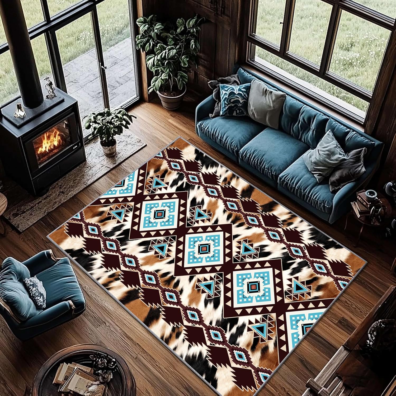 Southwestern Aztec Rugs 3x5 - Cowhide Print Area Rug, Non-Slip & Machine Washable Carpet for Western Living Room, Bedroom, Dining Room & Rustic Decor