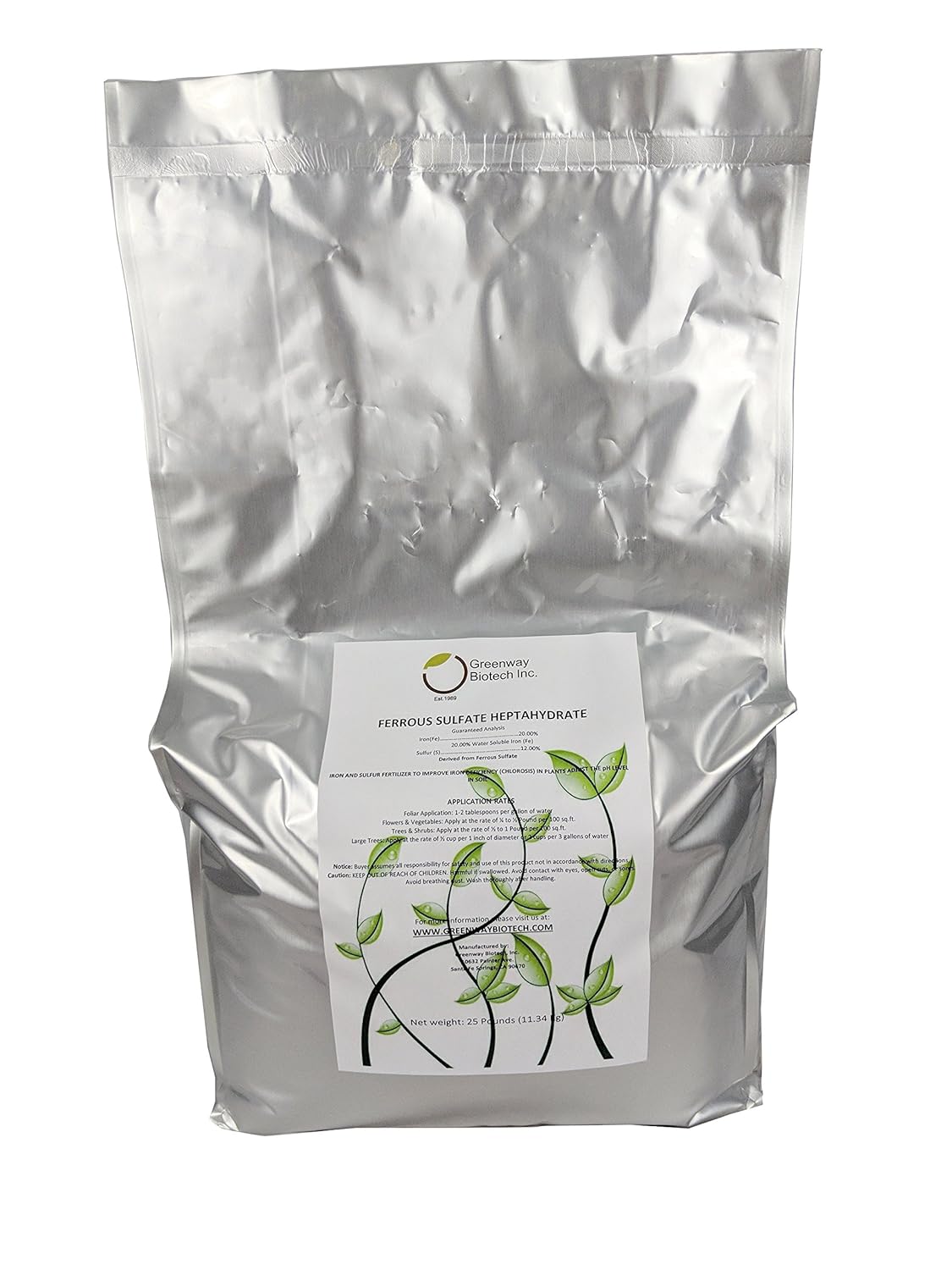Greenway Biotech, Inc. Ferrous Sulfate Heptahydrate Fertilizer Includes 20% Iron (Fe) 12% Sulfur & 100% Water Soluble Powder- Organic Lawn Fertilizer for Vegetables and Plant Growth - 2 Pounds