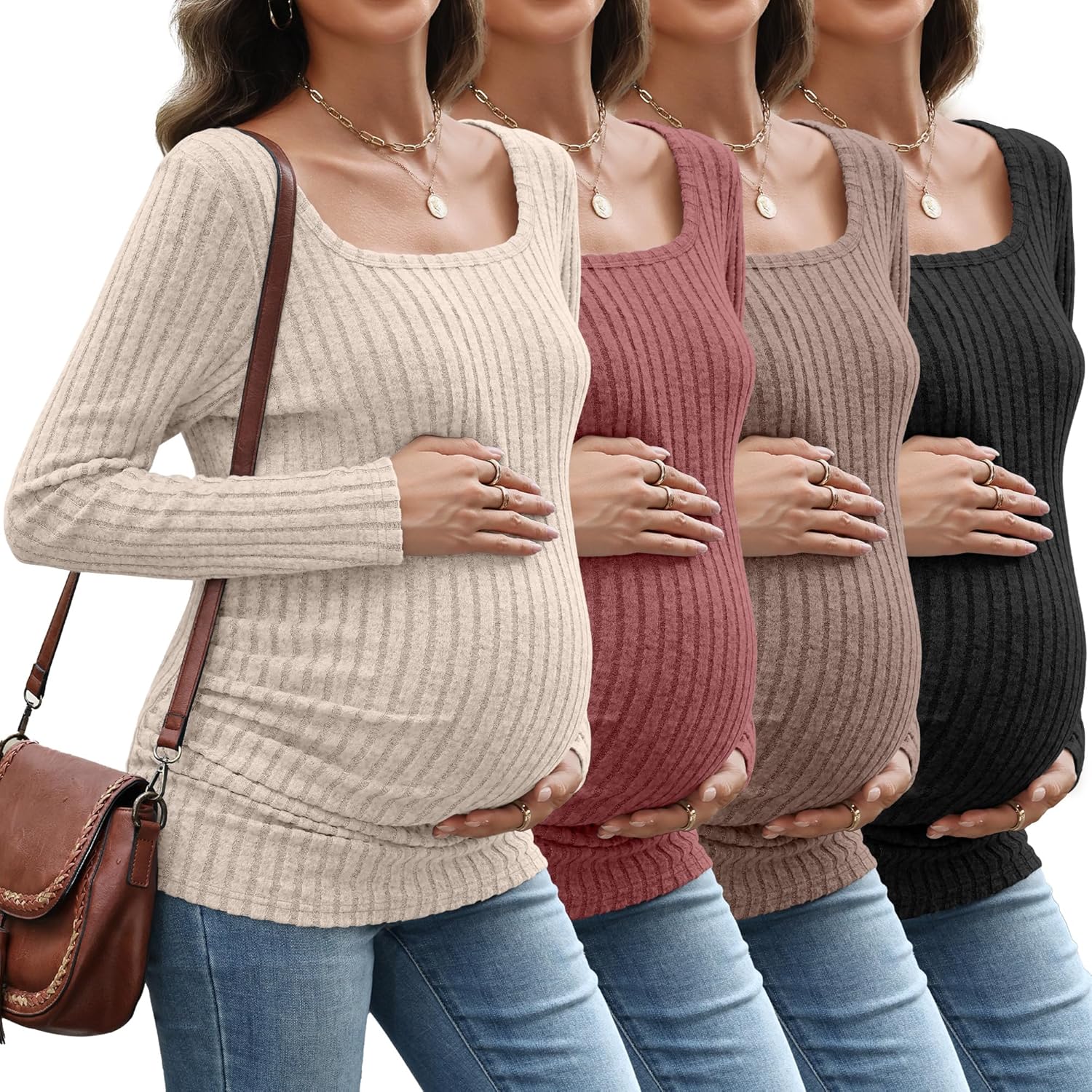 4 Pack Women's Maternity Ribbed Shirts Long Sleeve Square Neck Sweaters Casual Slim Side Ruched Pregnancy Clothes