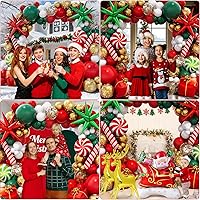 Vista 2 de Kit de guirnalda de globos de Navidad en forma de arco con globos rojos, blancos, verdes y dorados, globos de confeti, caramelo, bastón de caramelo