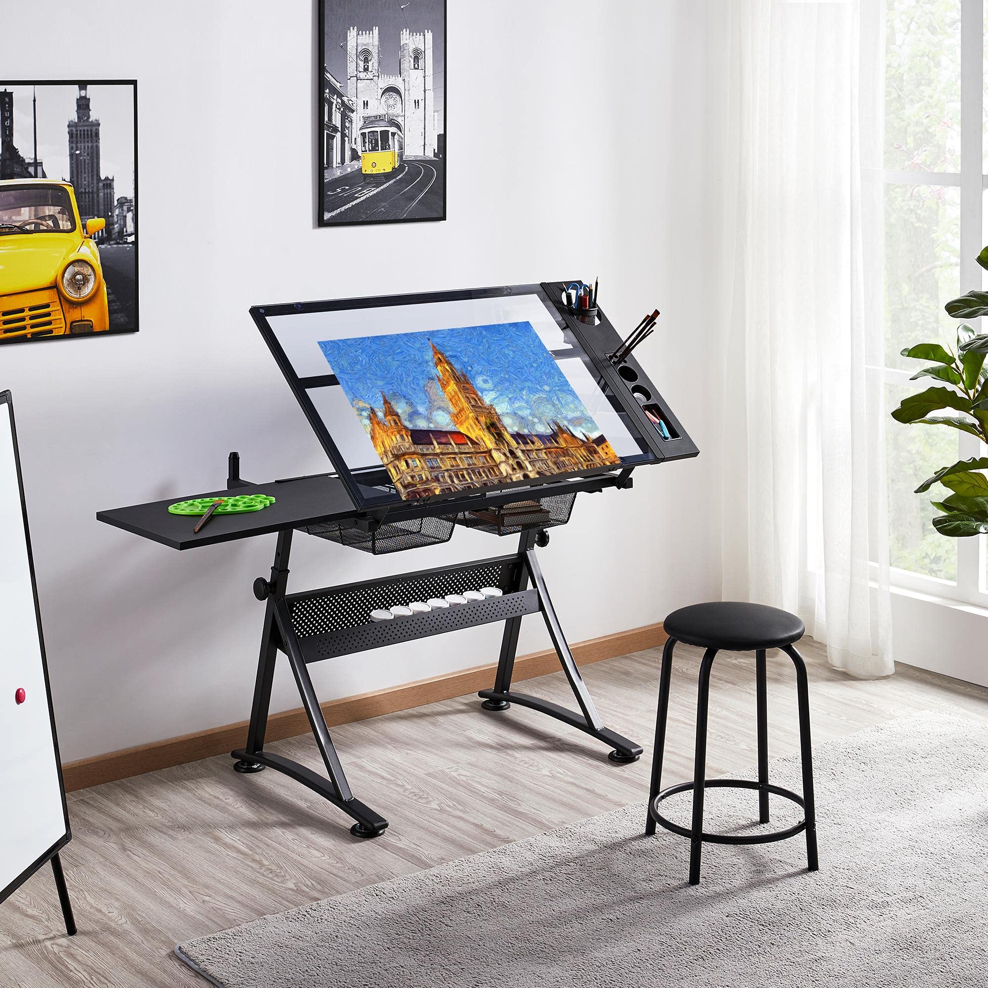 Yaheetech Tavolo da Disegno Inclinabile Pannello in Vetro Regolabile in Altezza Scrivania Artigianale per Riporre gli Oggetti per Arte Tecnico Pittura Lavoro Studio 141 x 60 x 91 cm Nero