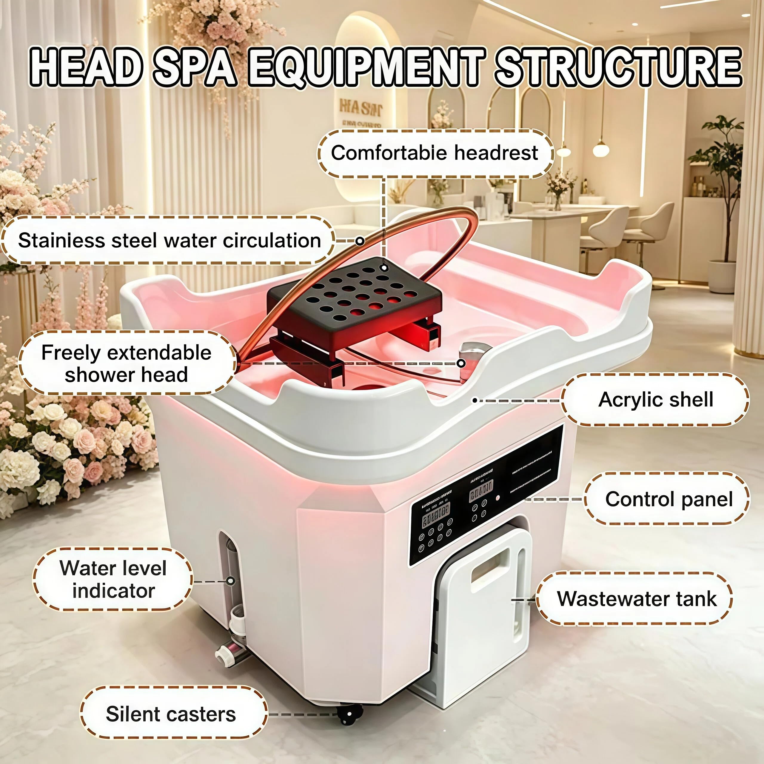 Cabezal de Lavado Extraíble para Salón de Belleza Equipo Spa Japonés Lavabo Champú Con Circulación Agua Y Función Terapia Luz Cama de Champú de Masaje Cuenco para Champú Cama para Peluquero (black)