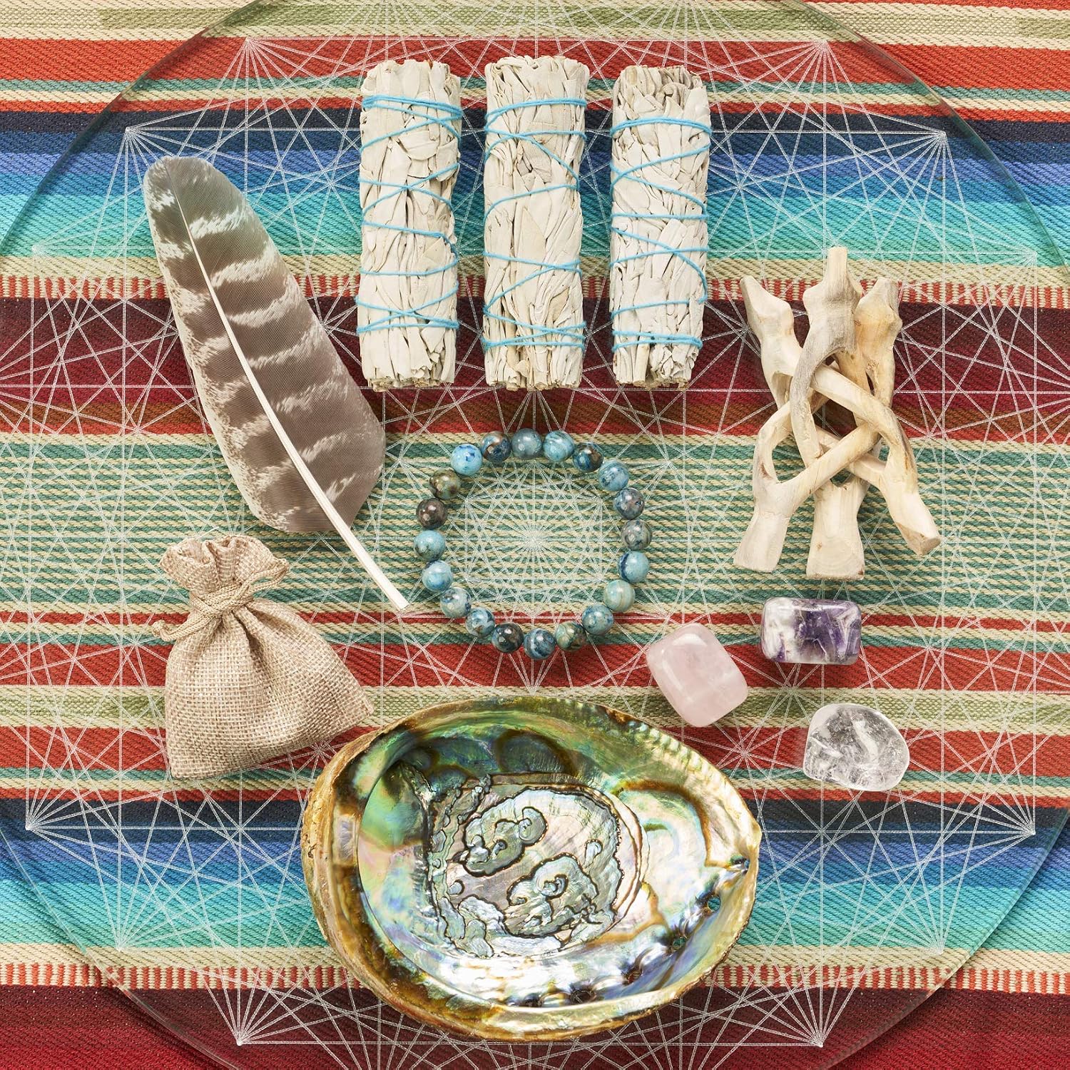 JL Local 3 White Sage Smudge Sticks Smudge Kit | Amethyst, Rose Quartz, Clear Quartz, Abalone Shell, Stand Feather, Instructions & Blue Agate Bracelet - Smudging Kit