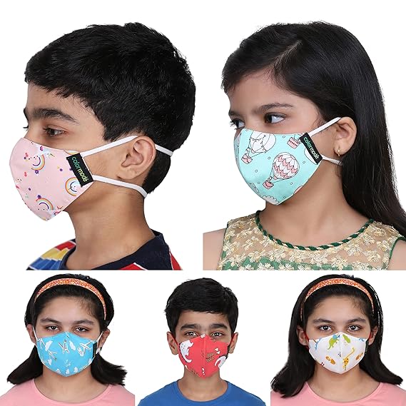 Colormode Premium Kids Face Mask 2 to 9 years Super Soft Adjustable Head Loops 100% Cotton 3 Layer Reusable & Washable Face Mask for Kids Girls Boys and Children | Highly Breathable Soft and Comfortable (Pack of 5)