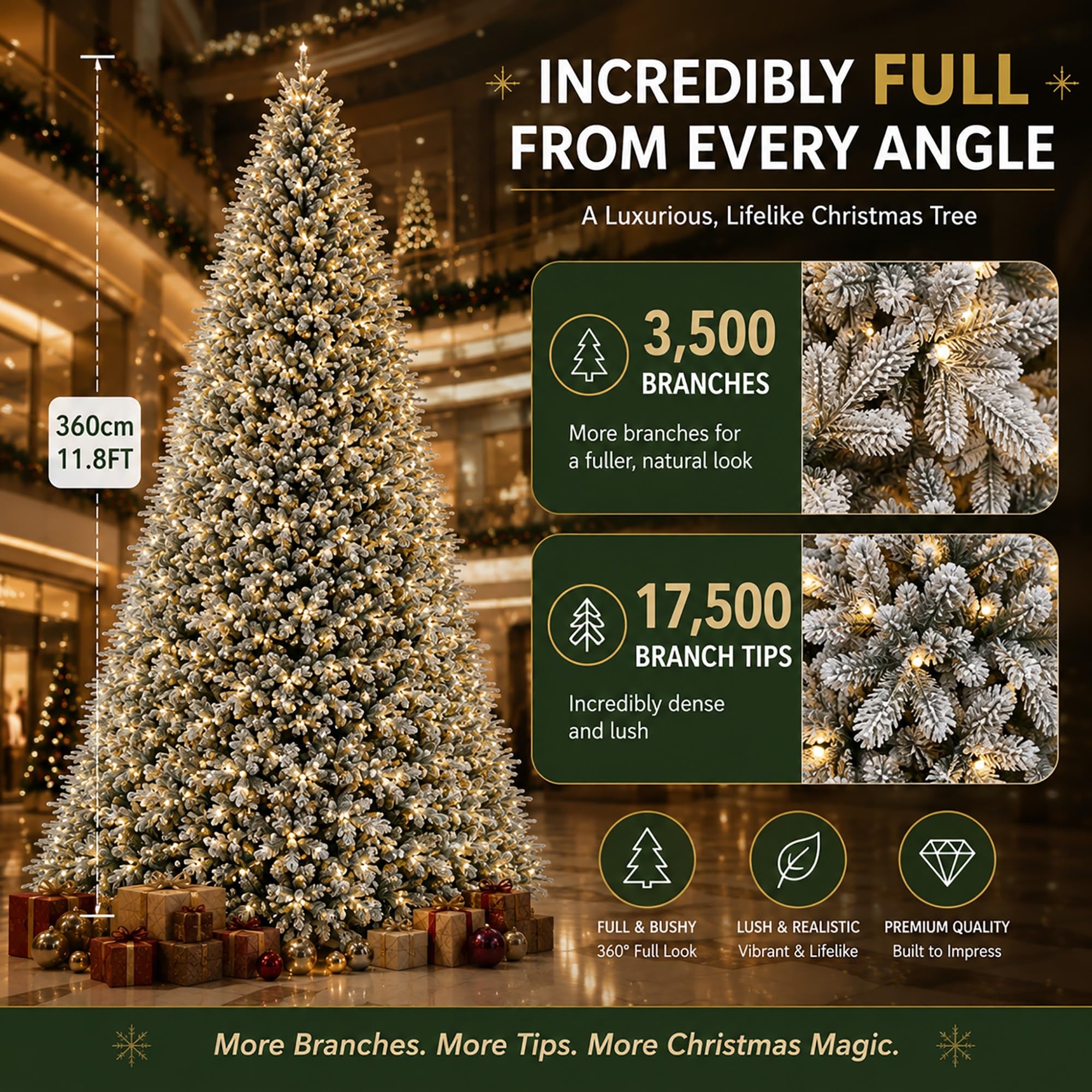 Árbol de Navidad Artificial de PE 360CM, Arbol Navidad Nevado Preiluminado