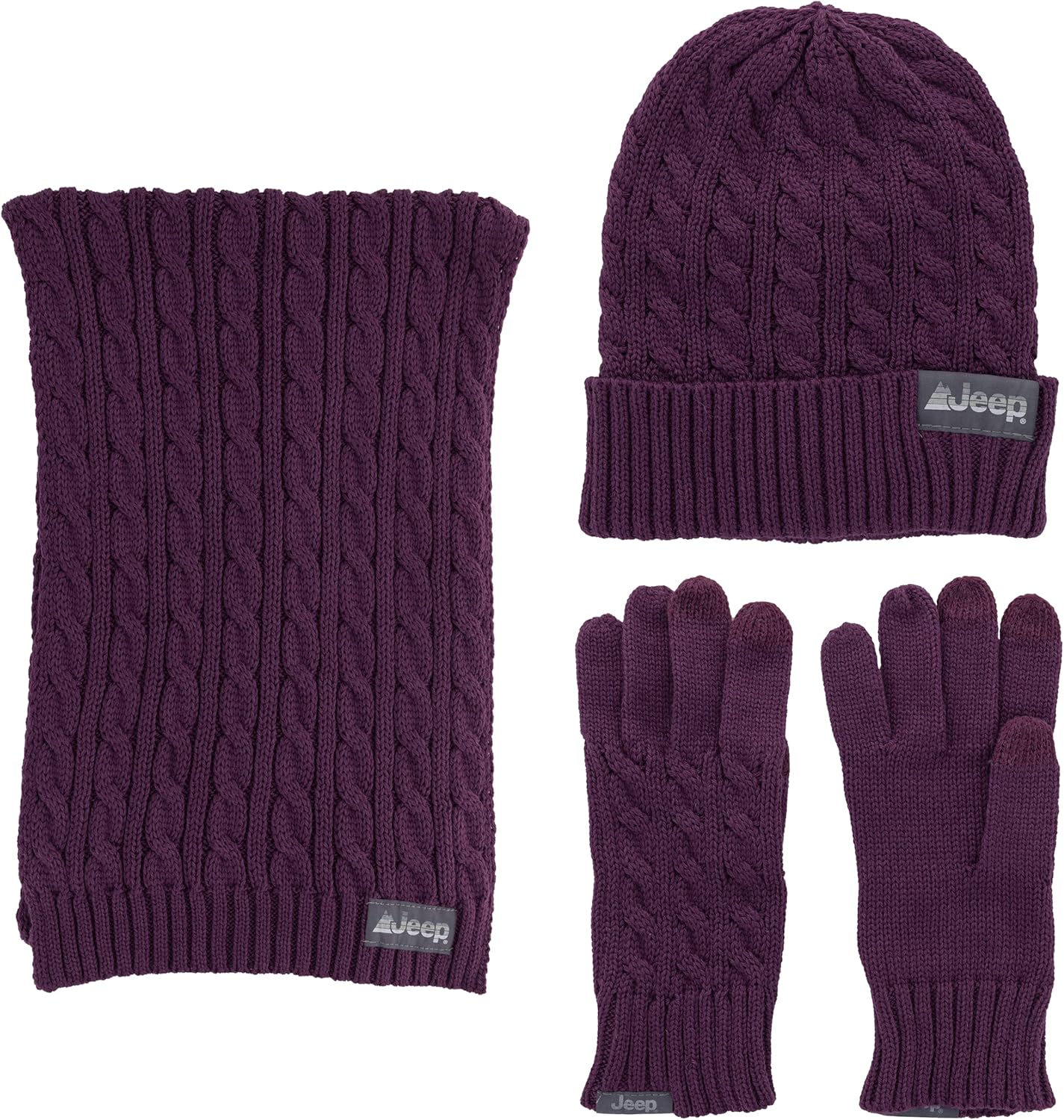 Jeep Women's 3 Piece Cable Knit Scarf, Beanie, and Gloves Set - One Size Fits Most