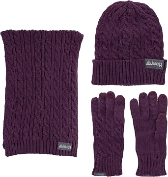Jeep Womens 3 Piece Cable Knit Scarf, Beanie, and Gloves Set - One Size Fits Most