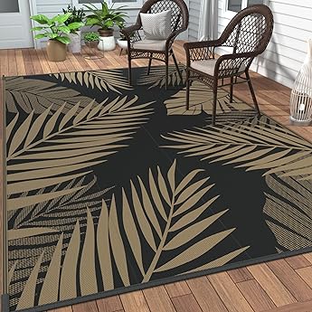 Gertmenian Indoor/Outdoor Kona Coast by Reyn Spooner Rug - 5x7 Standard, Stain & UV Resistant, Ideal for Deck, Patio, Poolside Rooms - Palmtree Leaf, Black Brown, 46683