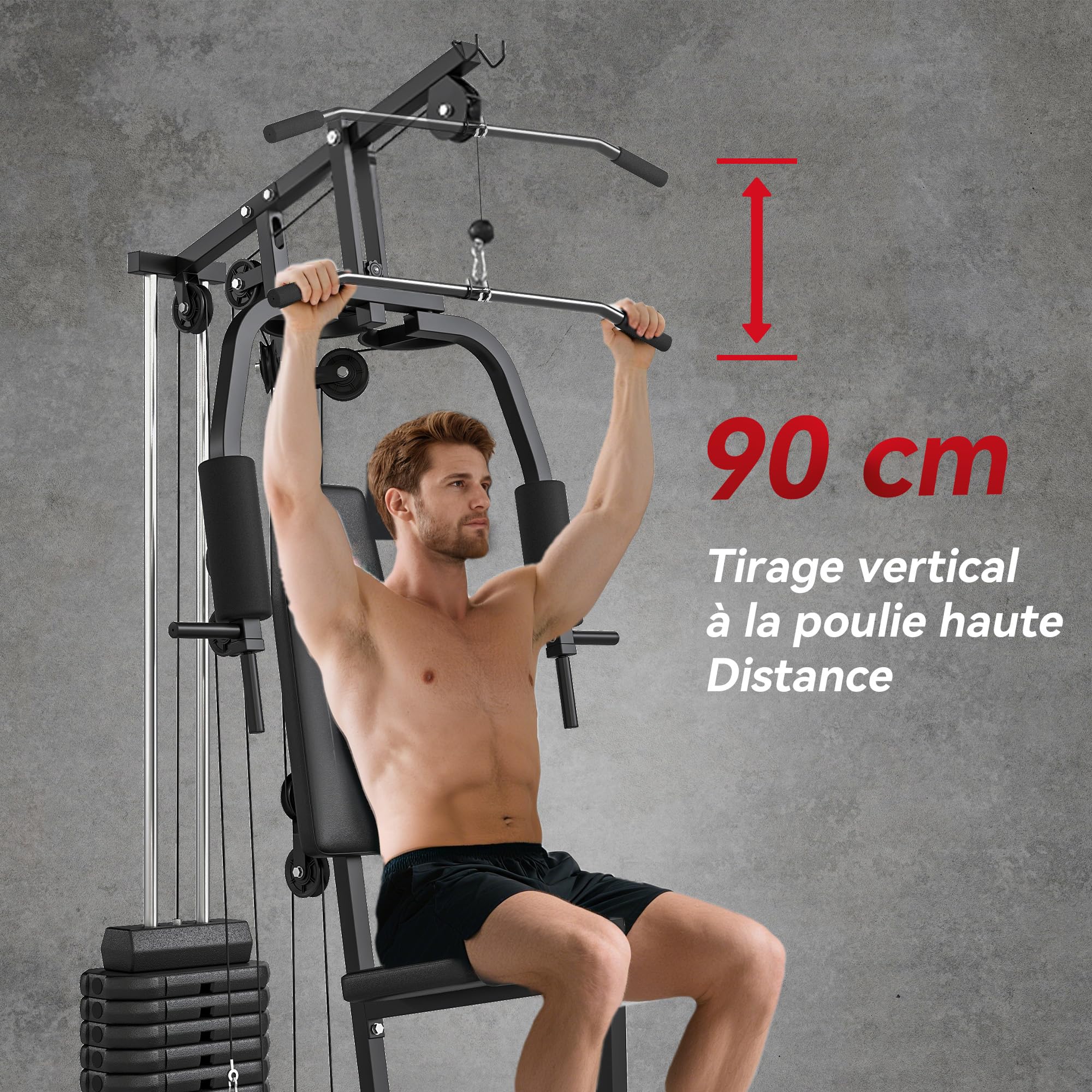 HOMCOM Station de Musculation Fitness Machine de Musculation avec 9 Blocs de Poids de 5 kg, 45kg au Total, entraînement Complet - 200 x 135 x 103 cm
