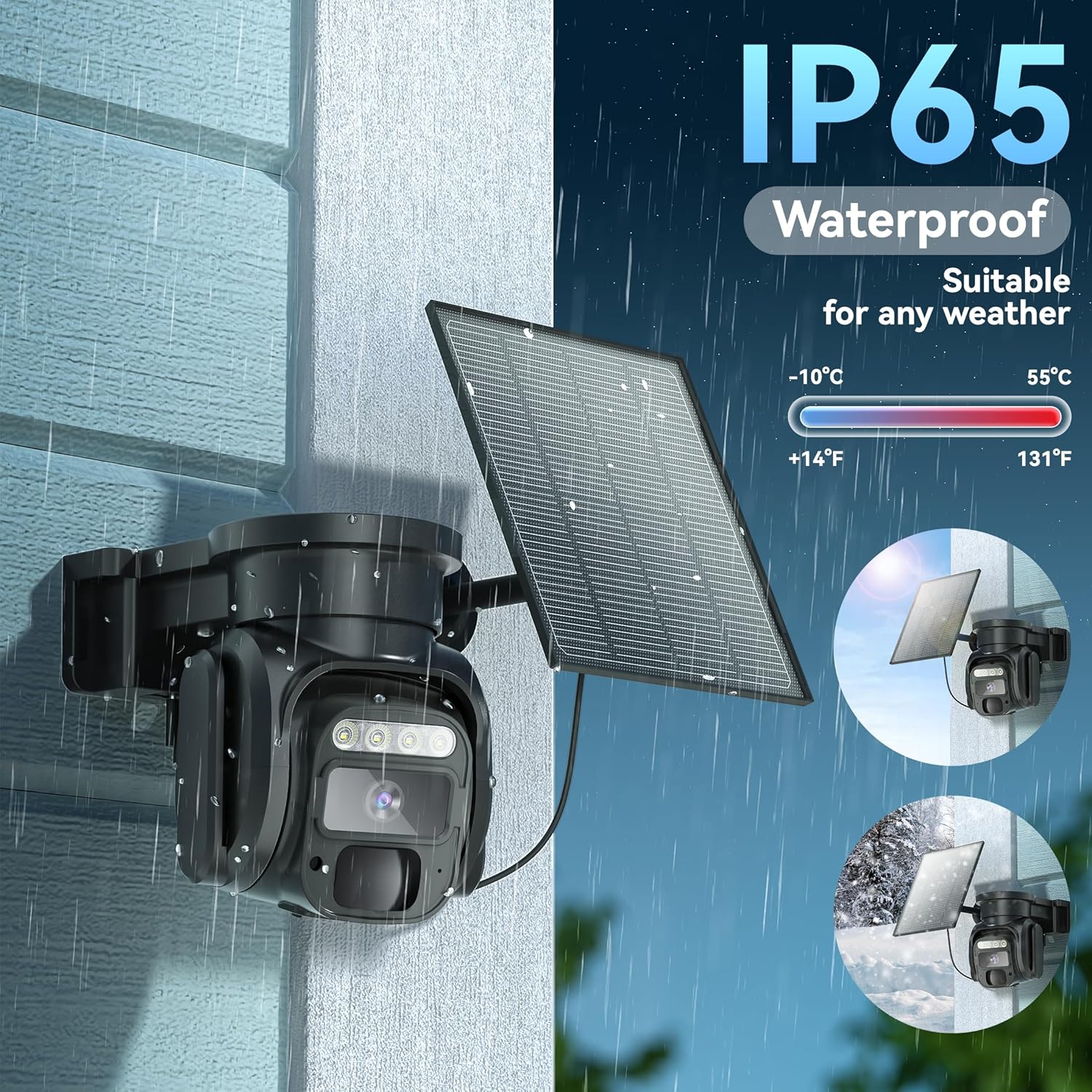 KKB G200 camera with solar panel shown in rain and snow, highlighting IP65 waterproof rating