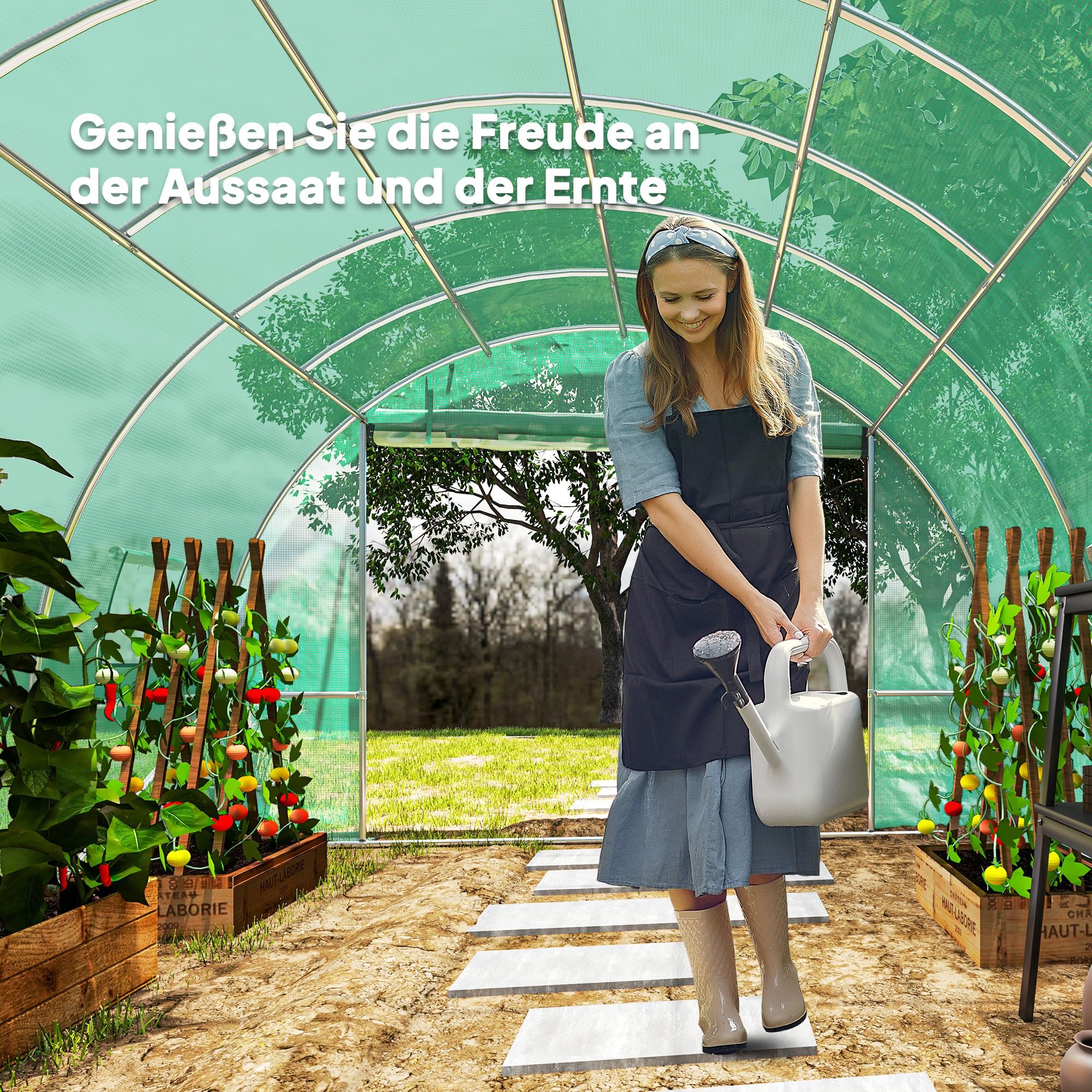 Outsunny Gewächshaus 300x400x200cm Foliengewächshaus Tomatenhaus mit Tür, 8 Fenster, Folientunnel aus verzinktem Stahl, 170g/m² PE, stabiles pflanztunnel, Treibhaus inkl. Erdanker & Seilen, Grün