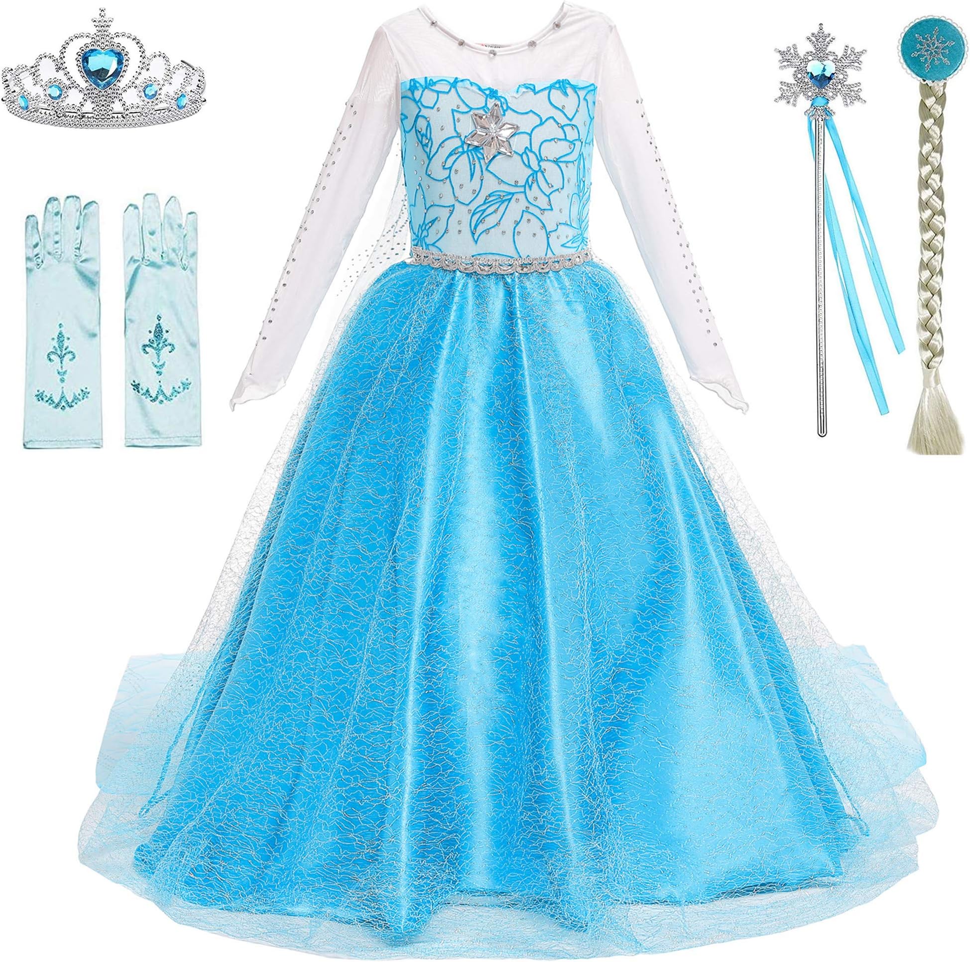 BanKids Princess Costume Birthday Party Dress Up for Little Girls with Wig,Crown,Wand,Gloves Accessories 6-7Years(Q89,130)