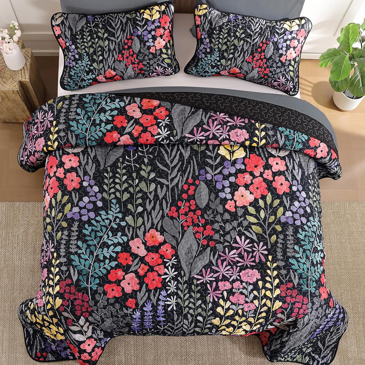 Xruibed Floral Quilt Sets Queen Size Black 3 Pieces Bedspread Bedding Set Soft and Cozy Microfiber Lightweight Quilt Flower Bed Coverlet Sets for All Season(Queen 96"x90") - Image 5