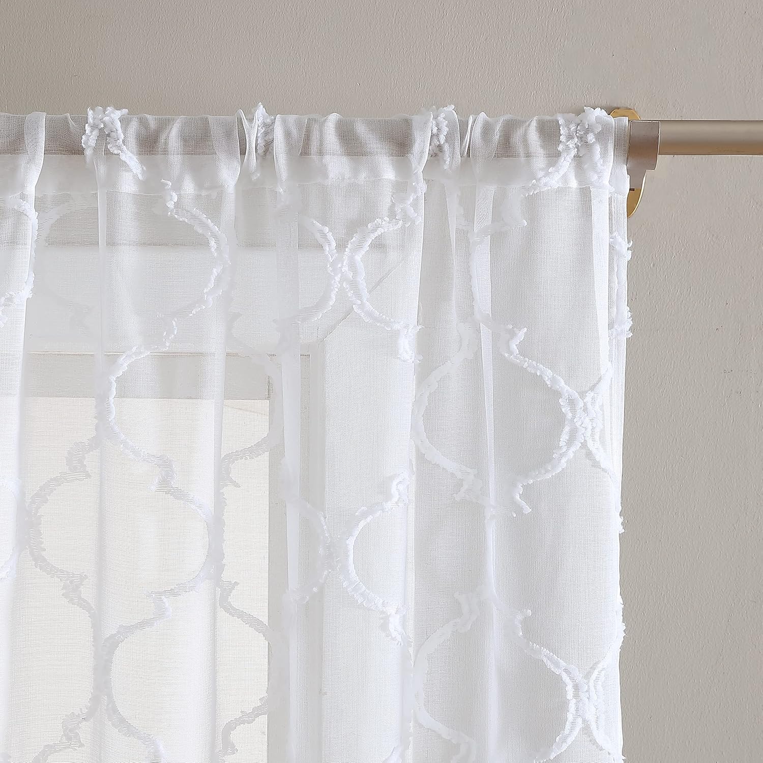 Laura Ashley Berwyn Lattice Sheer Curtains with Rod Pocket, Each Panel Measures 38" W x 96" L, White, 2 Panels
