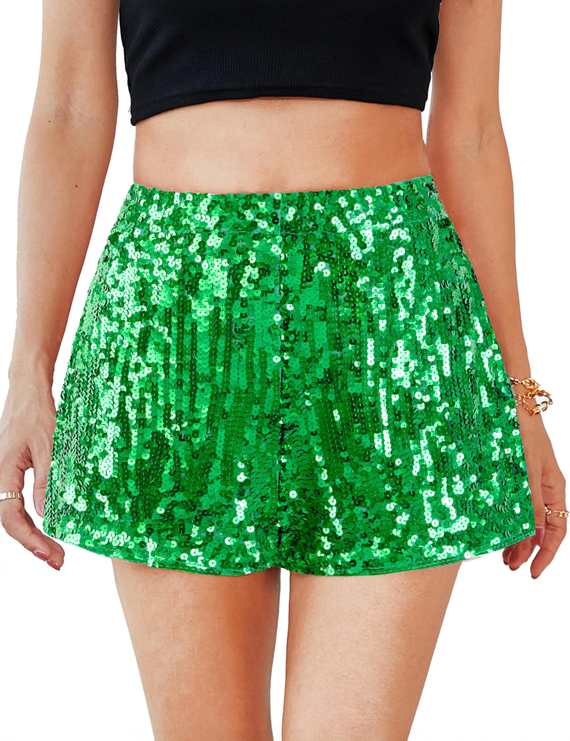 MANER Damen-Shorts mit Pailletten, glitzernd, dehnbar, für Partys, hohe Taille