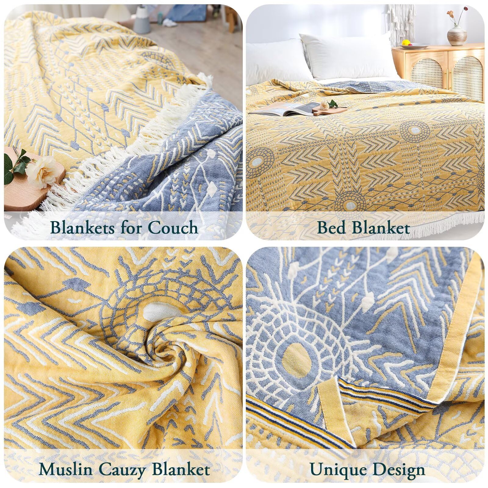 Boho Plaid - Manta reversible ligera 100% algodón para todas las estaciones, suave y transpirable, perfecta para cama, sofá y granja, flores, edredón