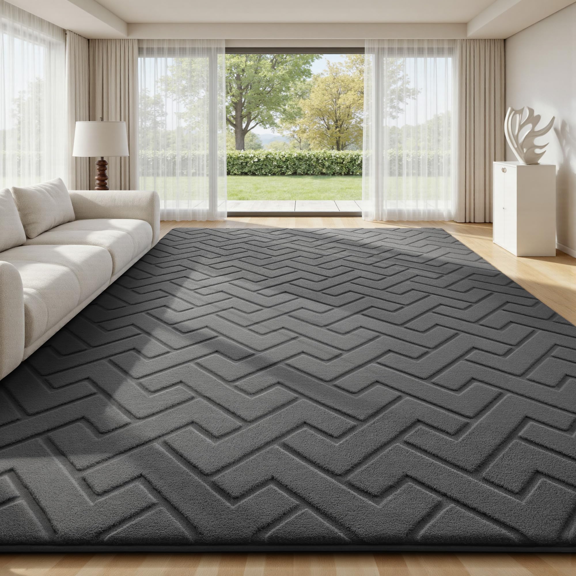 Treeboy Rugs Living Room Area Rugs 200x300cm - Dark Grey 3D Z-Shaped Pattern Soft Fluffy Carpet, Extra Large Machine Washable Non-Slip Short Pile Rug for Bedroom Dining Room Kids Room