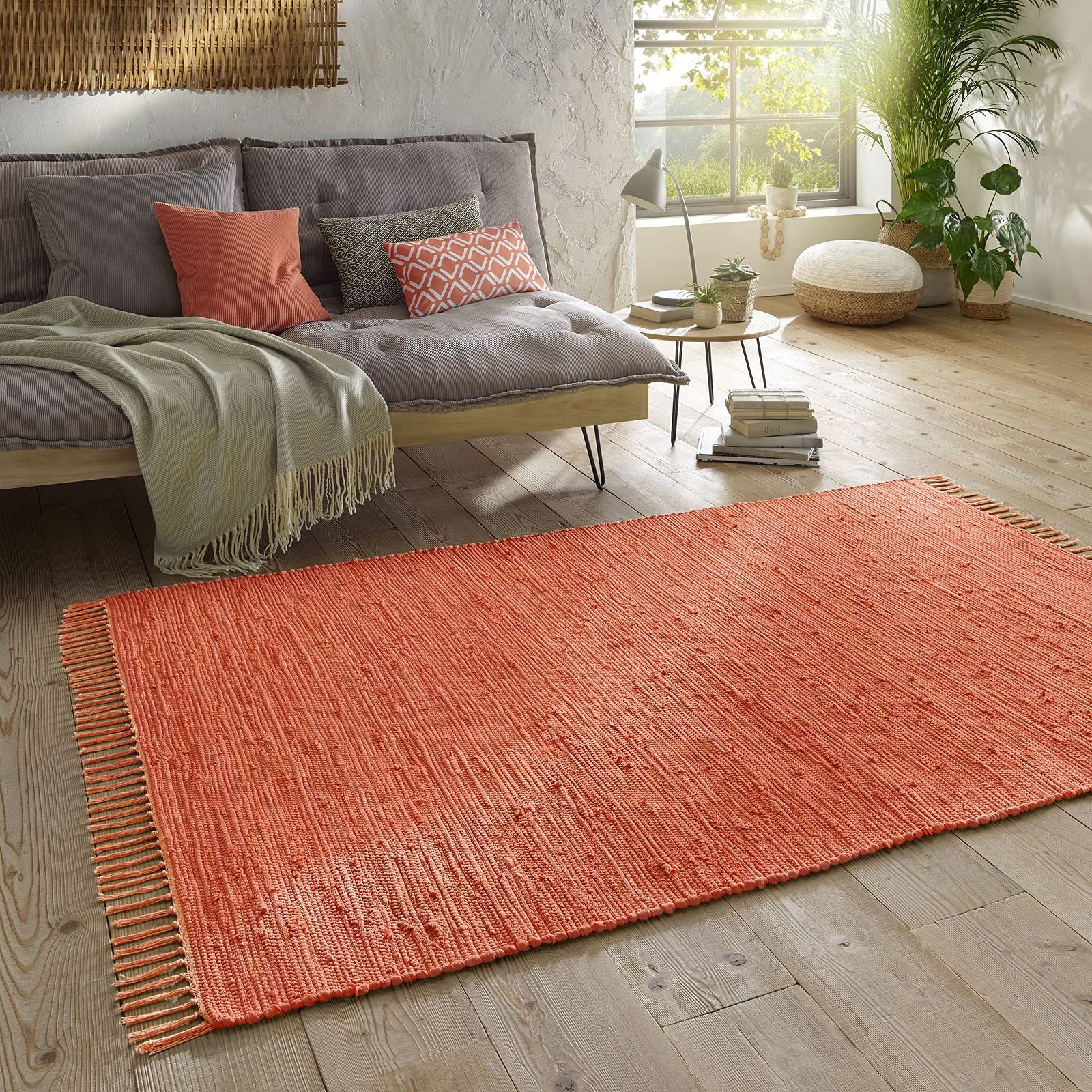Taracarpet Handwebteppich Läufer Fleckerl Teppich Uni waschbar aus Baumwolle für Wohnzimmer und Küchenteppich 140x200 cm Terracotta