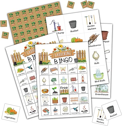 Ycyfckdr Tarjetas de bingo de jardinería, juegos de fiesta de té de jardín, juego de bingo de jardín para adultos, fiesta nupcial de té, juegos al