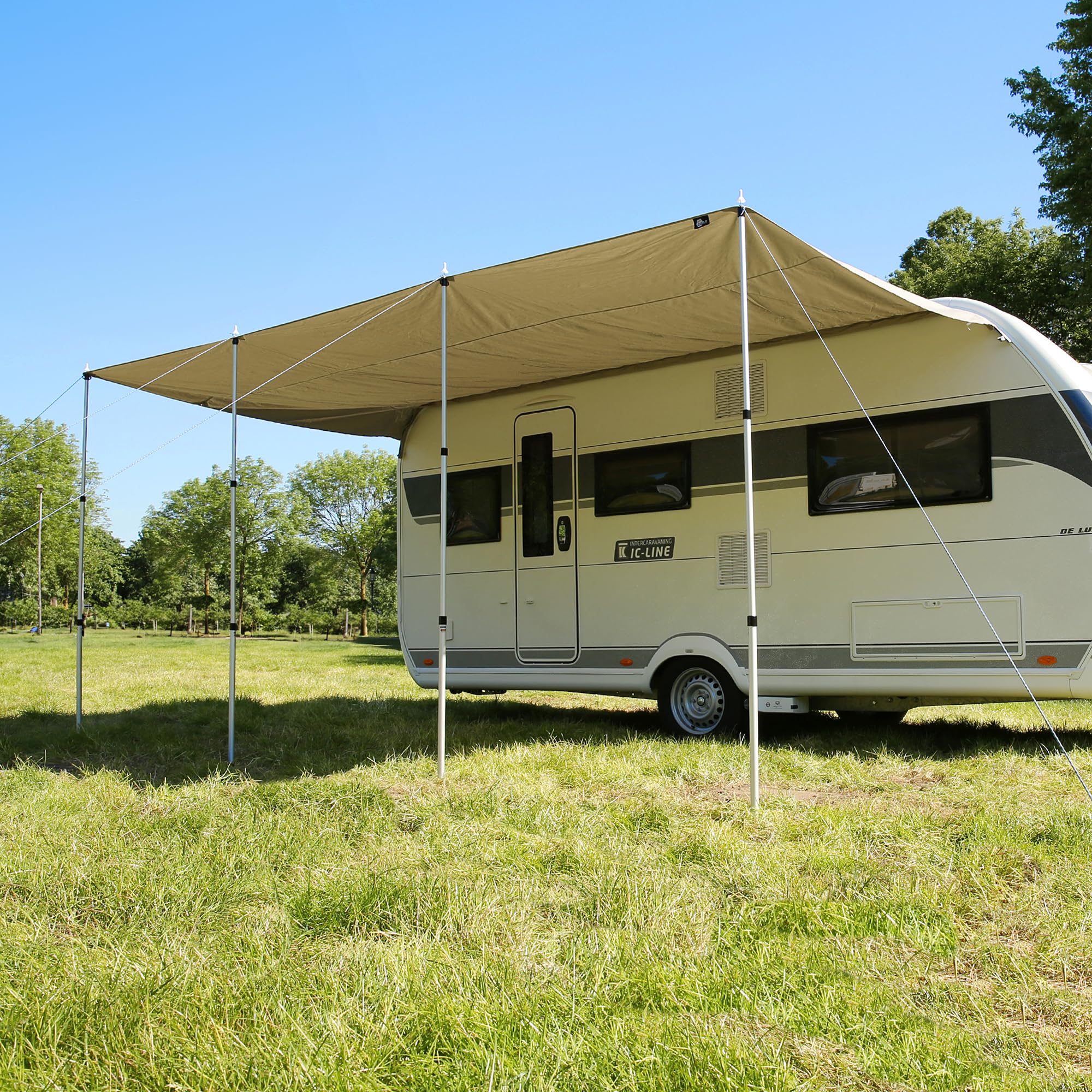 your GEAR Caravan Tarp TC Auvent de caravane - Voile d'ombrage en coton imperméable avec UV 50+, barres télescopiques en aluminium, 5 tailles, beige/sable, 500 x 240 cm