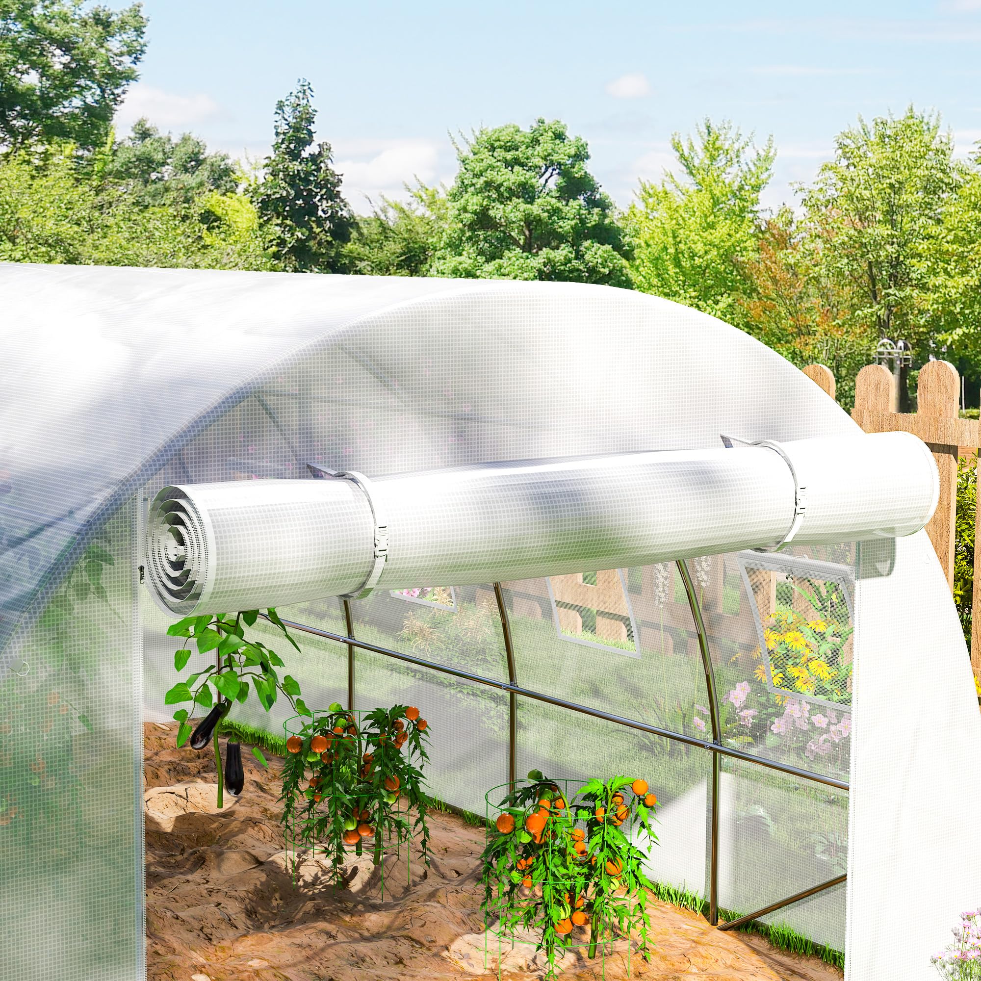 Outsunny Cubierta de Invernadero PE 4x3 m, Lona de Invernadero con 8 Ventanas, Puerta Enrollable y Bordes Enterrados, Protección UV, para Agricultura, Plantas, Huertos y Jardín, Blanco