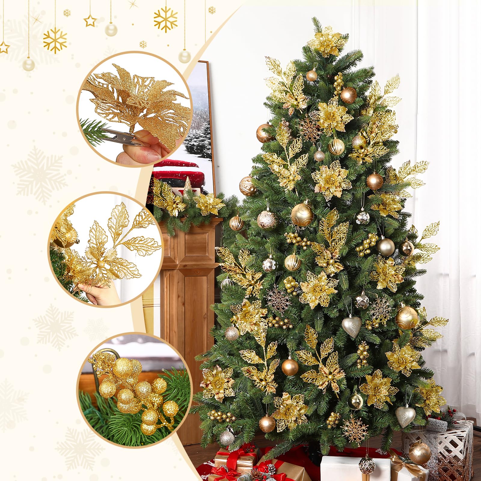 Alupssuc Künstliche Glitzer-Weihnachtsbaum-Picker, 12 Weihnachtssterne + 6 Beerenstiele + 6 Beerenblätter, Dekorationsset, für drinnen und draußen, goldfarben, 24 Stück
